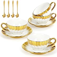 8 oz Cappuccino Cups with Saucers and Sakura Spoons, Ceramic Espresso Cup Set of 4, Gold-Trim Coffee Cup Mugs for Latte, Tea, Kitchen or Cafe, Microwave and Dishwasher Safe