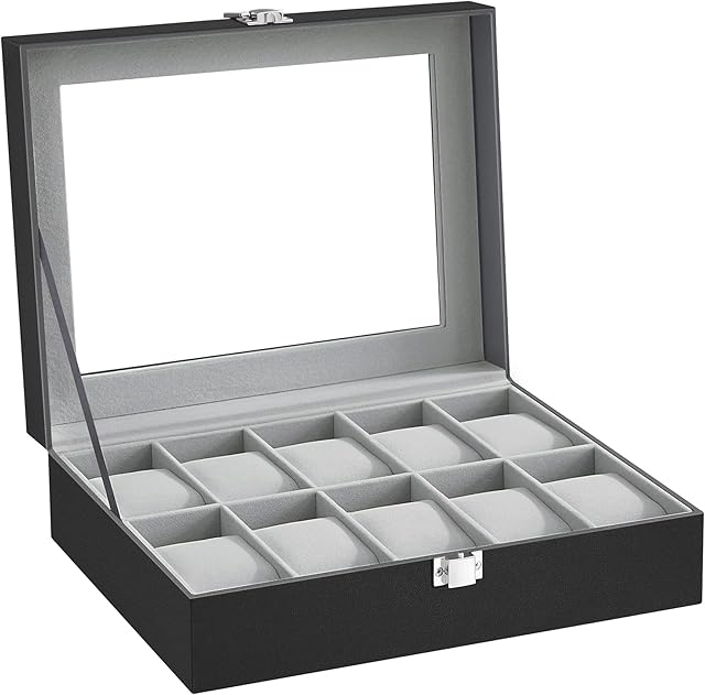 SONGMICS Watch Box with 10 Slots, Watch Case with Glass Lid, Watch Display Box with Removable Watch Pillows, Metal Clasp, Gift Idea, Black Synthetic Leather, Grey Lining JWB010BK