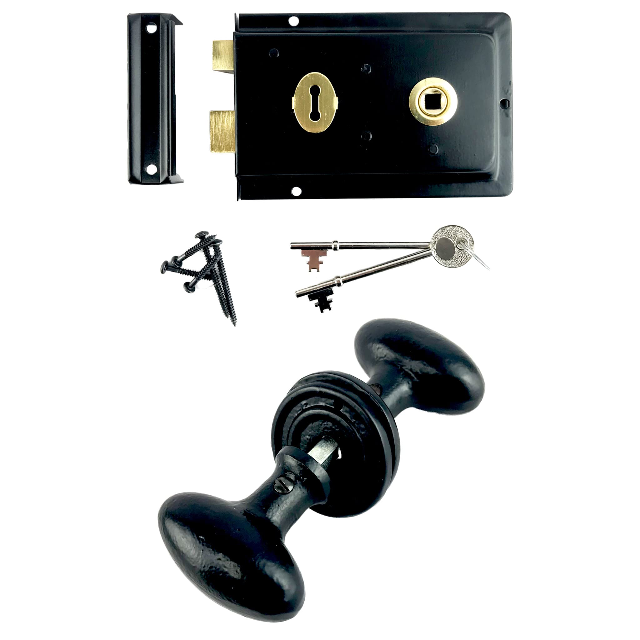 Rim Lock and Cast Iron Door Knobs Ball Oval Octagonal Epoxy Black Traditional Cottage Set (Oval Handle) Size 60mm x 30mm x 140mm