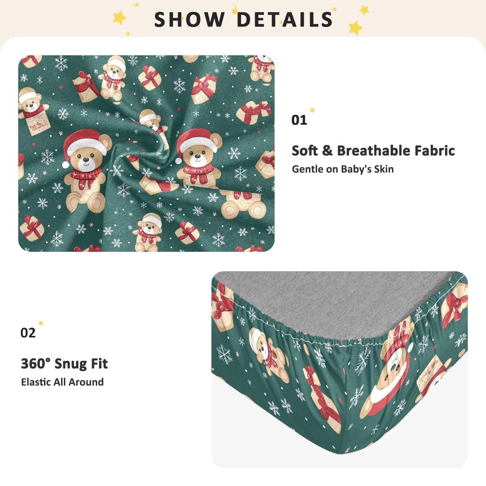 Sábana de algodón para cuna de bebé, diseño de oso de peluche de Navidad, ultrasuave, para decoración de guardería, 1 paquete de sabanas para cuna
