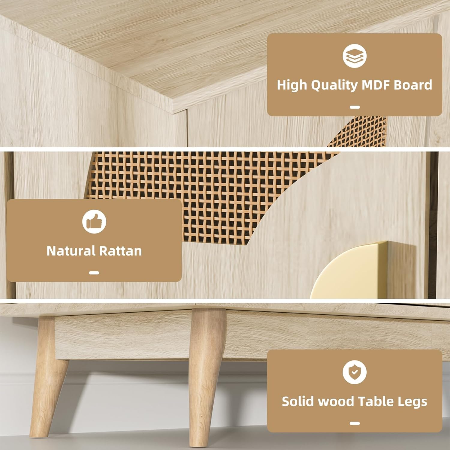 Buffet Cabinet with Storage Sideboard Accent Modern Credenza with Doors & Shelves 32.9" Rattan Media Console Mid Century Coffee Bar Table for Living Room Kitchen Dining Room Hallway