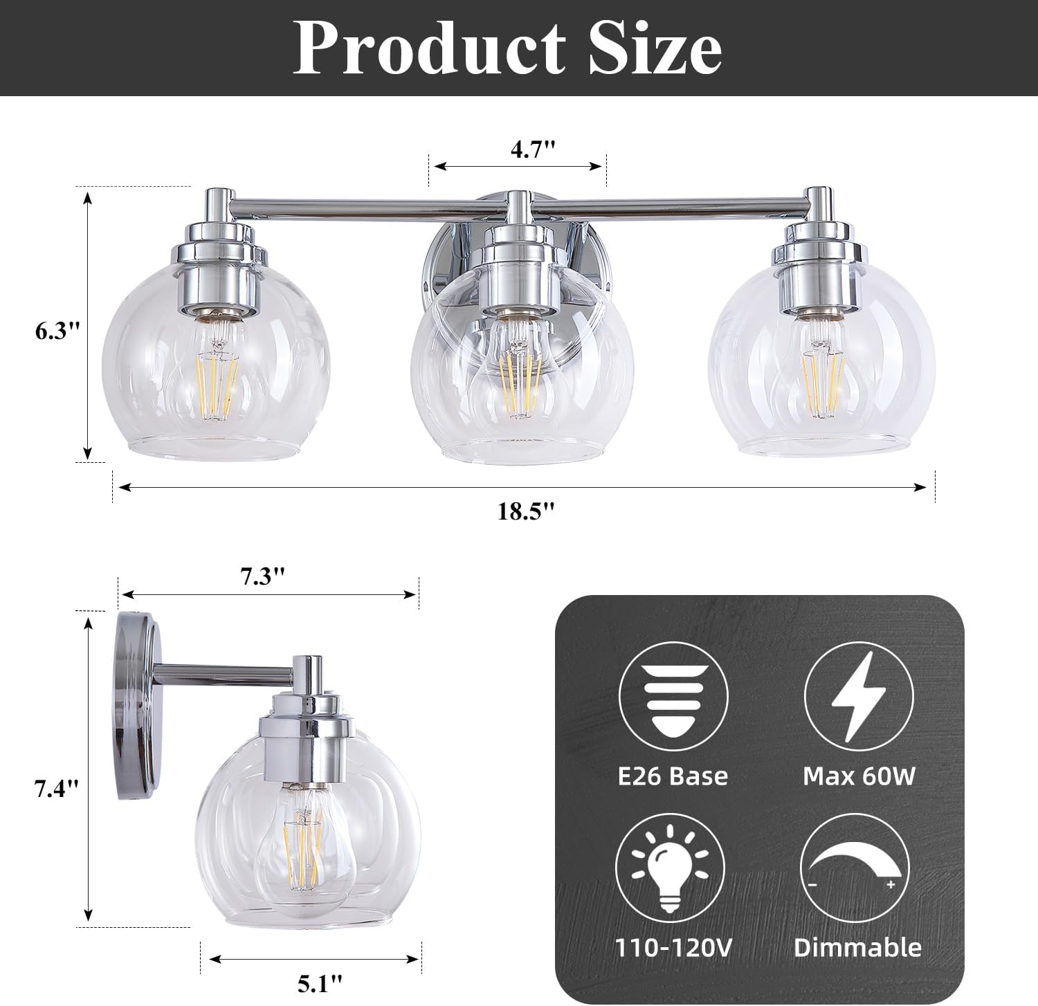 Upgrade 3-Light Bathroom Light Fixtures, Modern Vanity Light with Globe Glass Shade, Silver Chrome Bathroom Lights Over Mirror, Vanity Lights for Bathroom Bedroom Kitchen Hallway Living Room