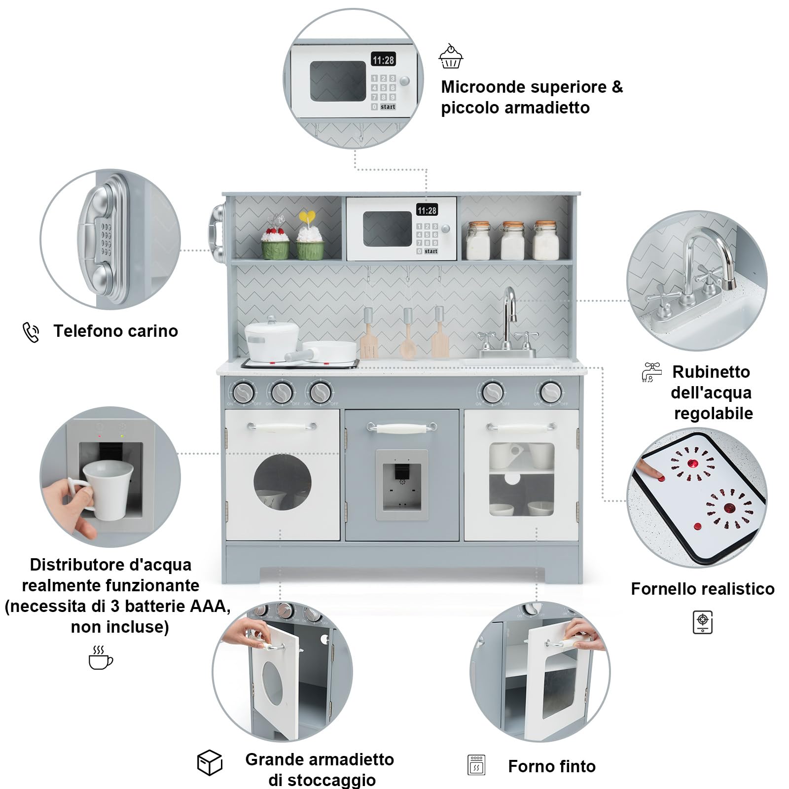 RELAX4LIFE Cucina Giocattolo in Legno per Bambini, Mini Cucina con Forno, Microonde, Distributore d'Acqua e Telefono, Luci e Suoni Realistici, per Bambini 3+ Anni