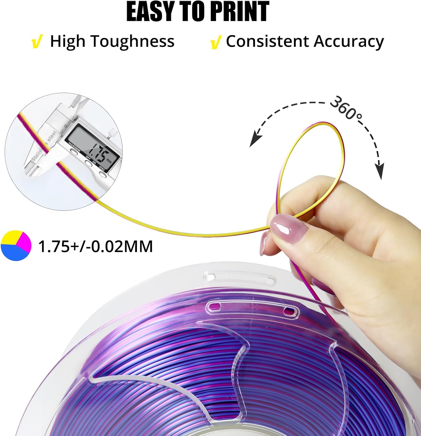 Tri-Color PLA Filament 1.75mm PLA 3D Printer Filament, Coextrusion Rainbow Silk PLA Red-Yellow-Blue, SIKENHO Rainbow Filament Fit Most FDM 3D Printers, 3D Filament +/-0.02mm, 1kg Spool(2.2lbs)