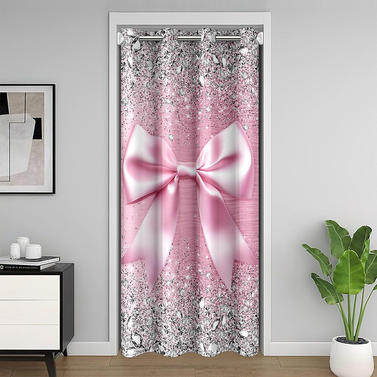 Cute Ribbon Bowknot Door Curtain for Door Window,Grey Diamond Bowknot Blackout Curtains for Bedroom 37"x80",Princess Bow Watercolor Bow Kawaii Geometric Bow-Tie Doorway Curtains Pink Dorm Decor