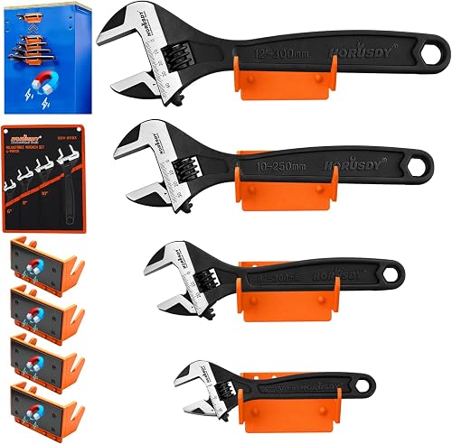 HORUSDY 4-Piece Adjustable Wrench Set With 4-Piece Magnetic Wrench Organizer Racks, 6" 8" 10" Wide Jaw Black Oxide Wrenches with Tool Roll Pouch, Metric&SAE Scales, CR-V Steel for Home Garage Workshop