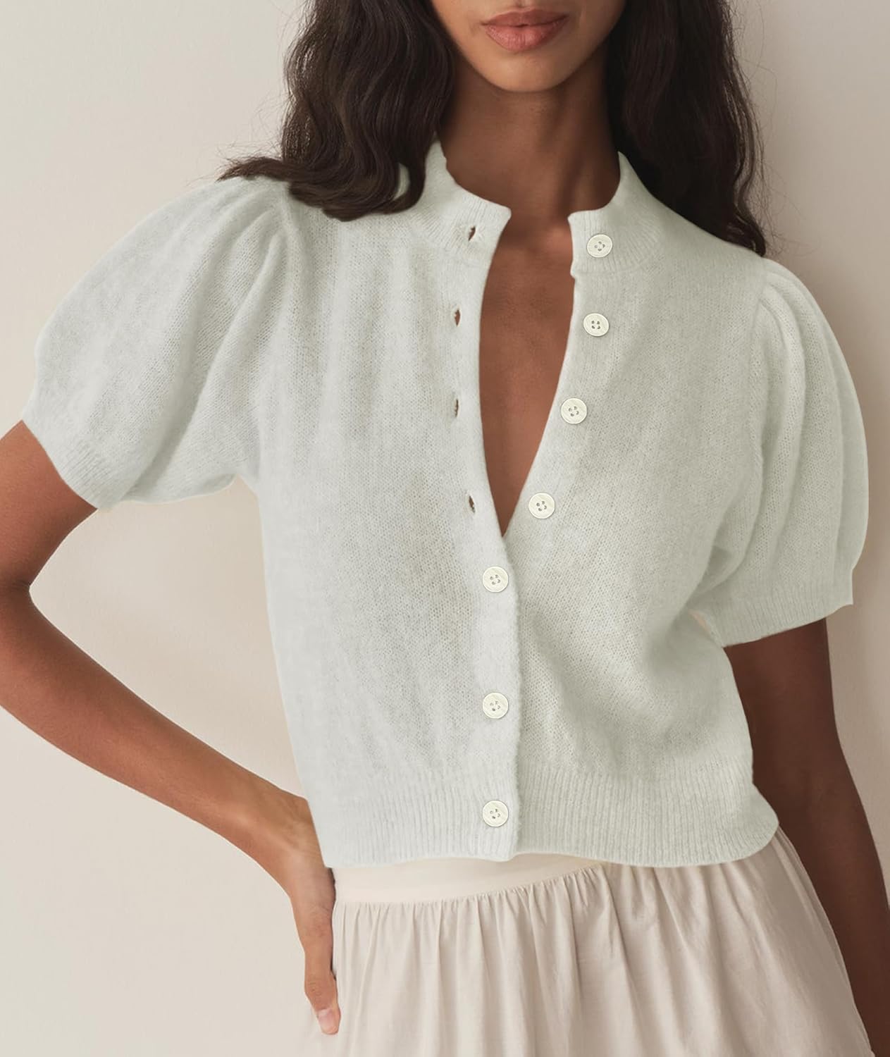 Womens Puff Short Sleeve Cardigan Sweaters Cropped Button up Lightweight Y2k Knit Summer Cardigans - Image 2