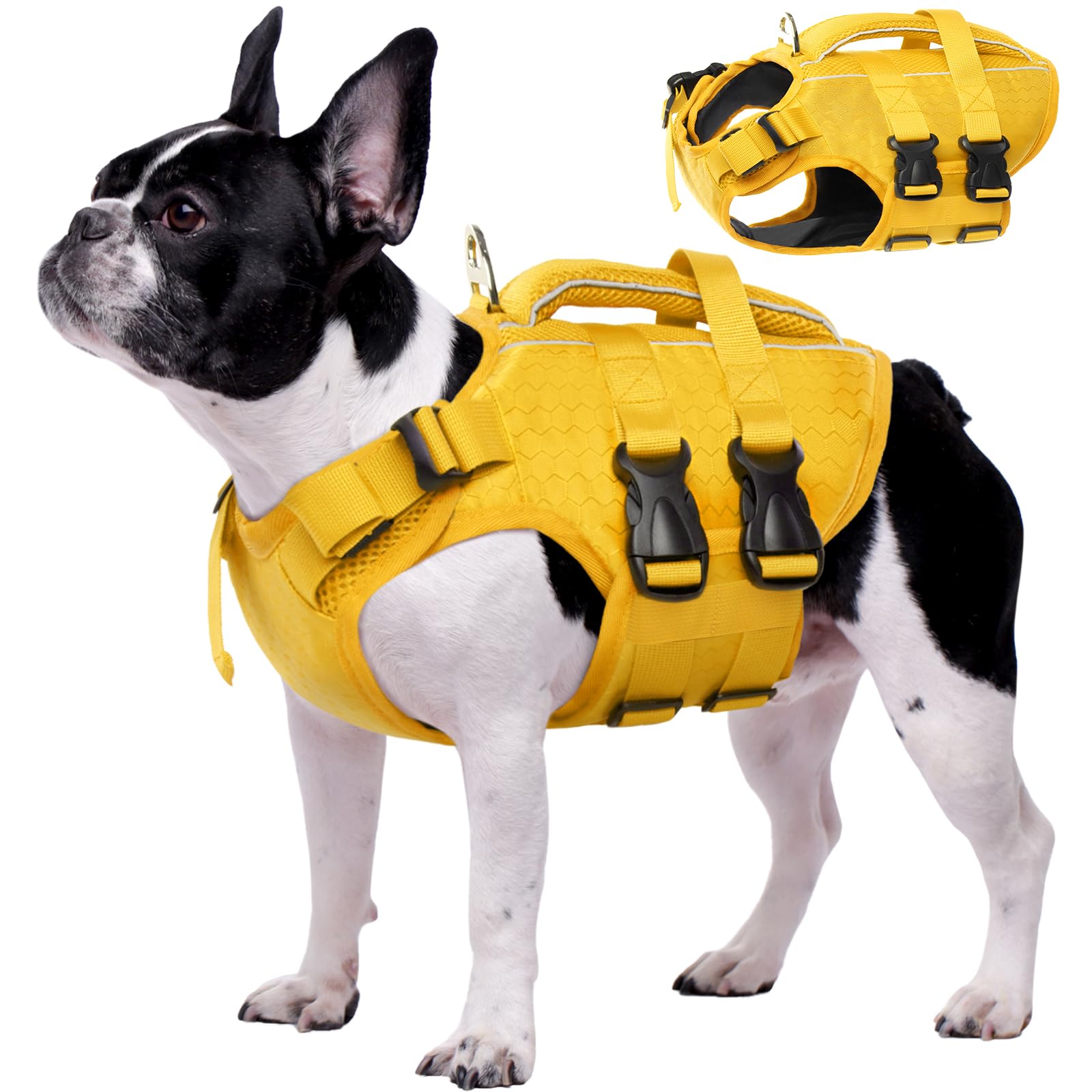 Kuoser XS Dog Life Jackets for Small Medium Large Dogs, Adjustable High Visibility Jacket with Rescue Handle, Ripstop Flotation Vest Pet Lifesaver Puppy Swimsuits Swimming Pool, Yellow