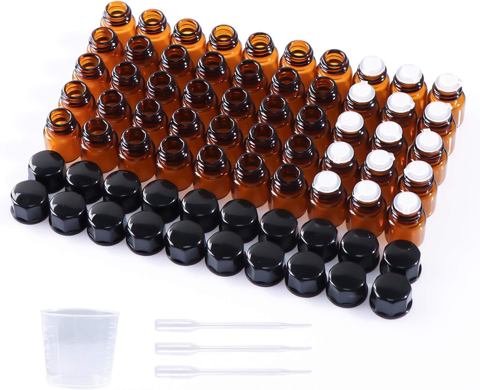 50 Pack 1ml (1/4 Dram) Amber Mini Glass Essential Oils Sample Bottles with Black Caps for Essential Oils, Perfumes & Lab Chemicals (30ml Measuring Cup and 3 Droppers Included)