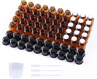 HWASHIN 50 Pack 1ml (1/4 Dram) Amber Mini Glass Essential Oils Sample Bottles with Black Caps for Essential Oils, Perfumes & Lab Chemicals (30ml Measuring Cup and 3 Droppers Included)