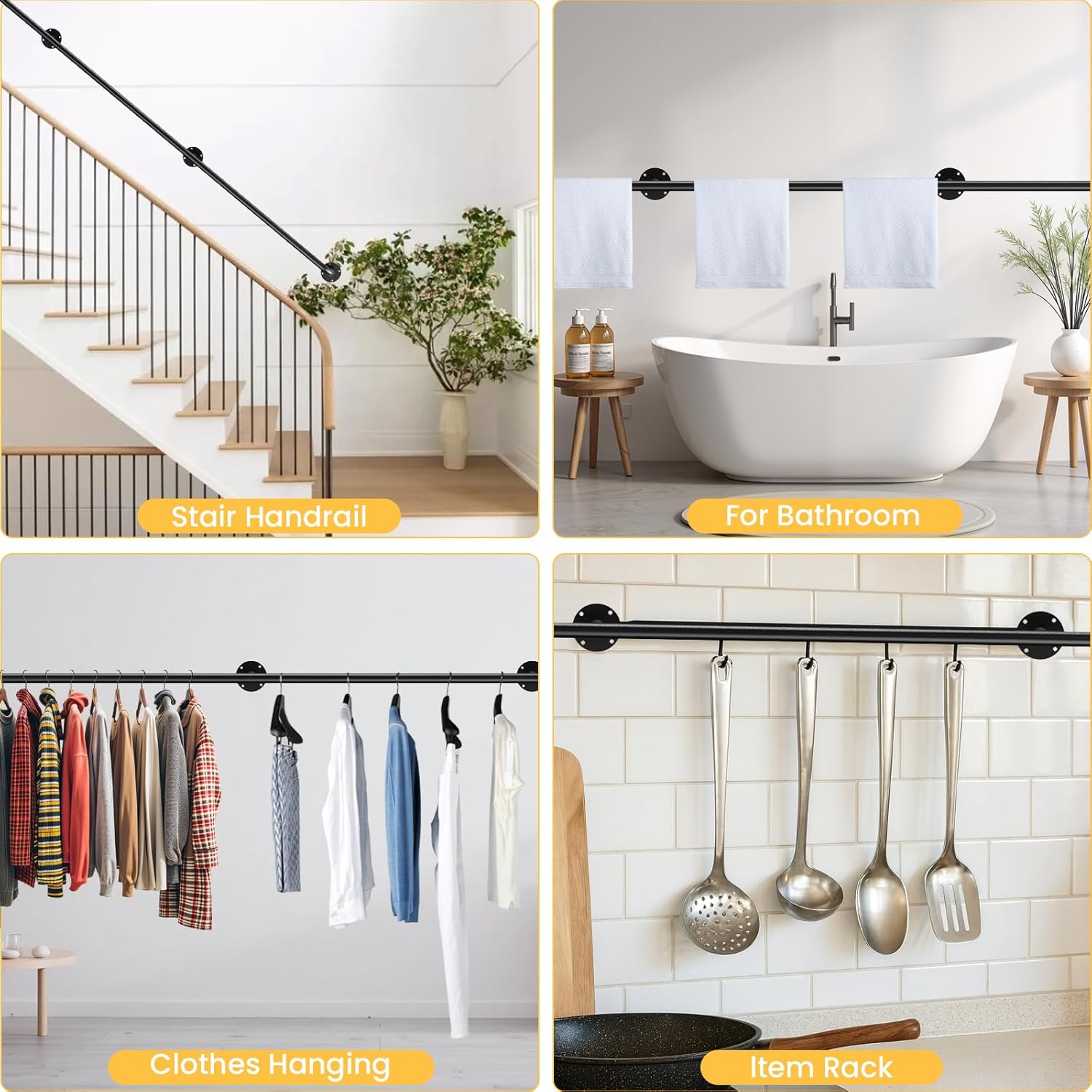 12FT Industrial Metal Stair Handrail, Heavy Duty Stair Handrail for Indoor & Outdoor Steps, Wall Mounted Railing, Metal Staircase Hand Rail Matte Finish (Black, 12ft)