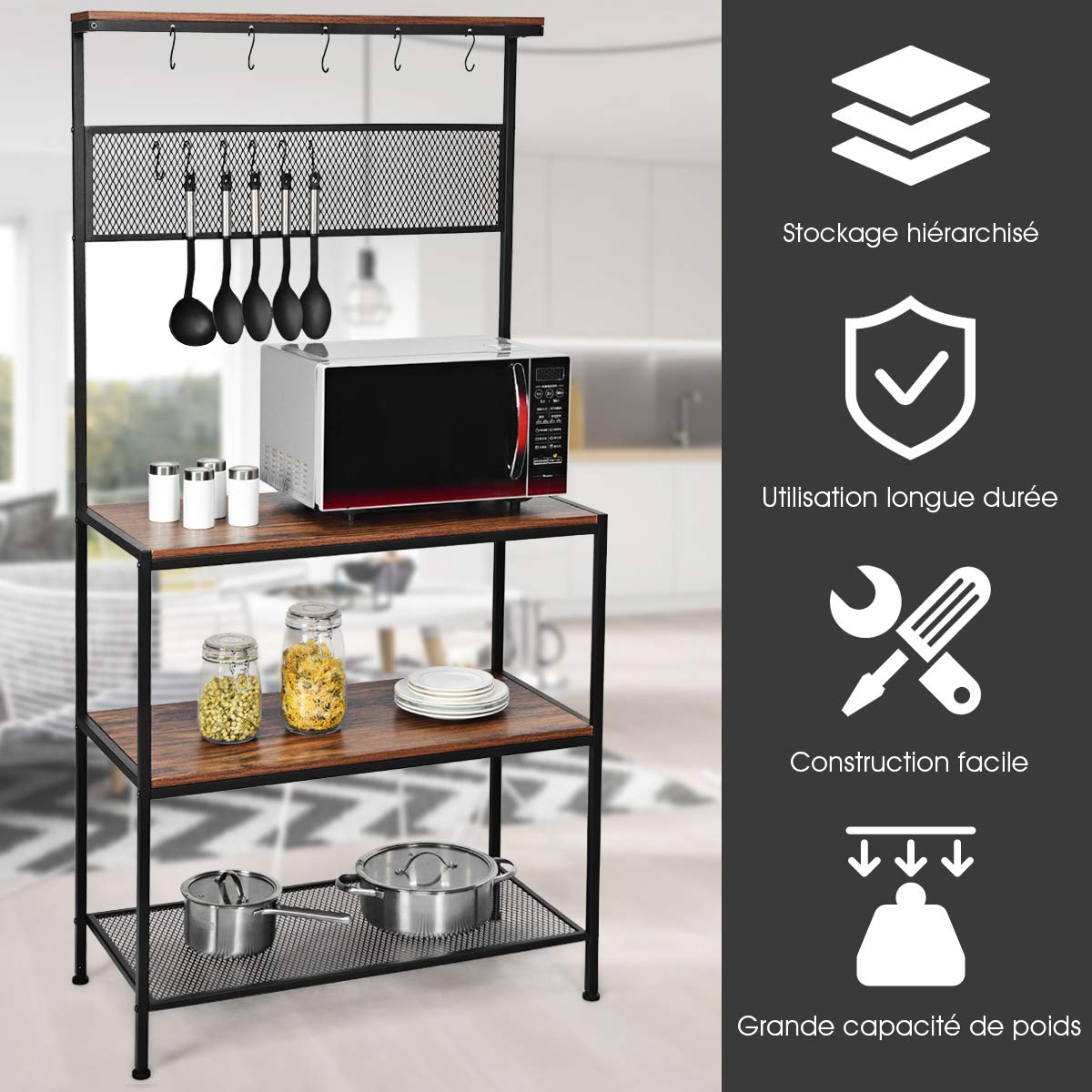 COSTWAY Étagère de Cuisine, Support pour Four à Micro-Ondes à 3 Etages, 11 Crochets en S et 1 Panneau en Grille, Meuble Rangement pour Epices, Pots, Casseroles, Pieds Antidérapants de Style Industriel