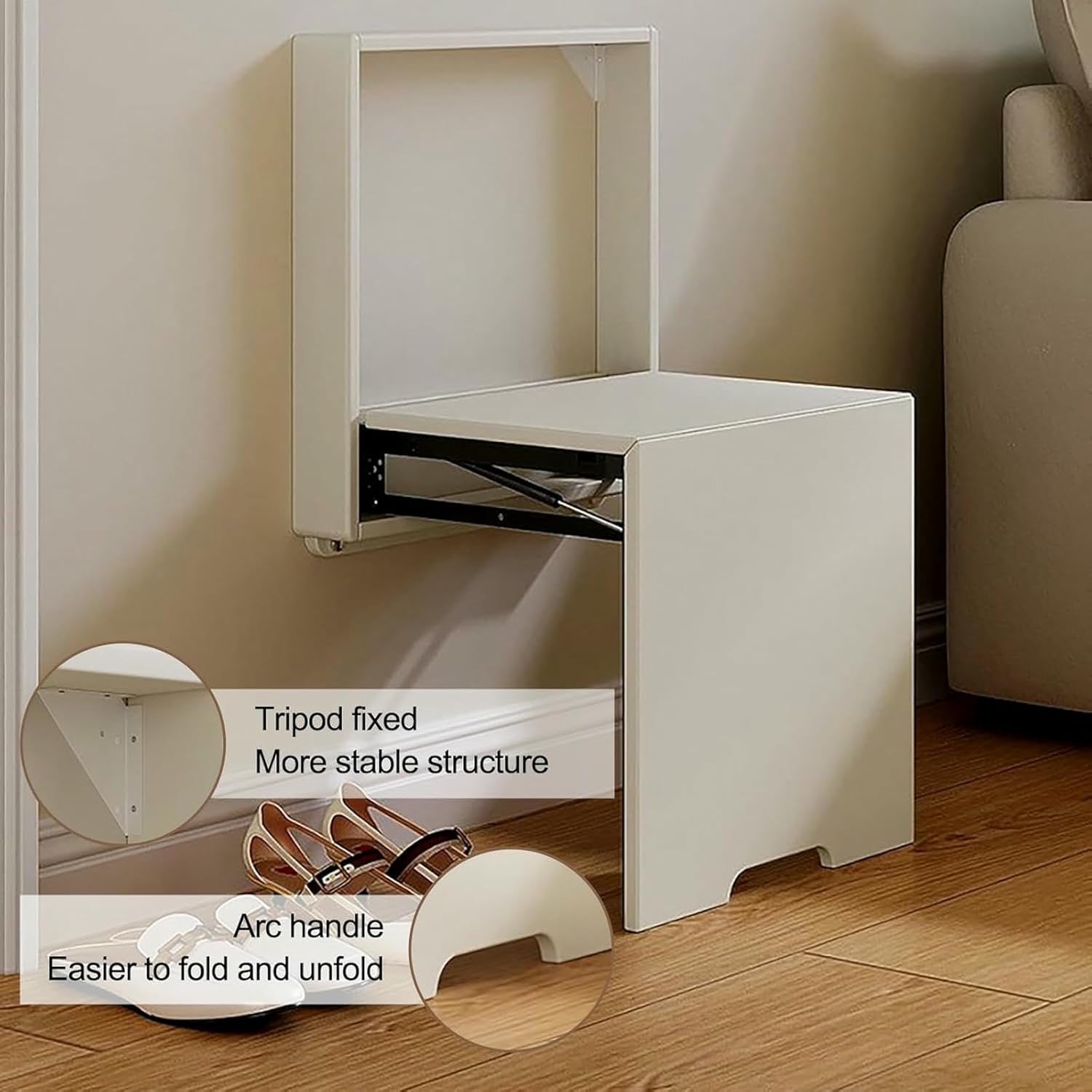 Foldable Wall Chair Invisible Shoe-Changing Stool Extra-Wide Seat, Wall Mounted Folding Chair Easy to Fold(White)