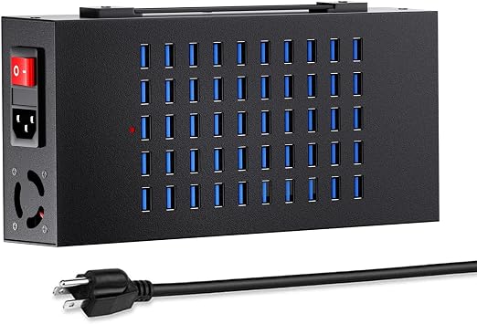 50 Port 200 Watt 40A USB Charging Station, High Power Fast Charger Block, Multiple Desktop Charging Station with Smart IC Protection, Suitable for Hotels, Schools, Offices & Retail Stores