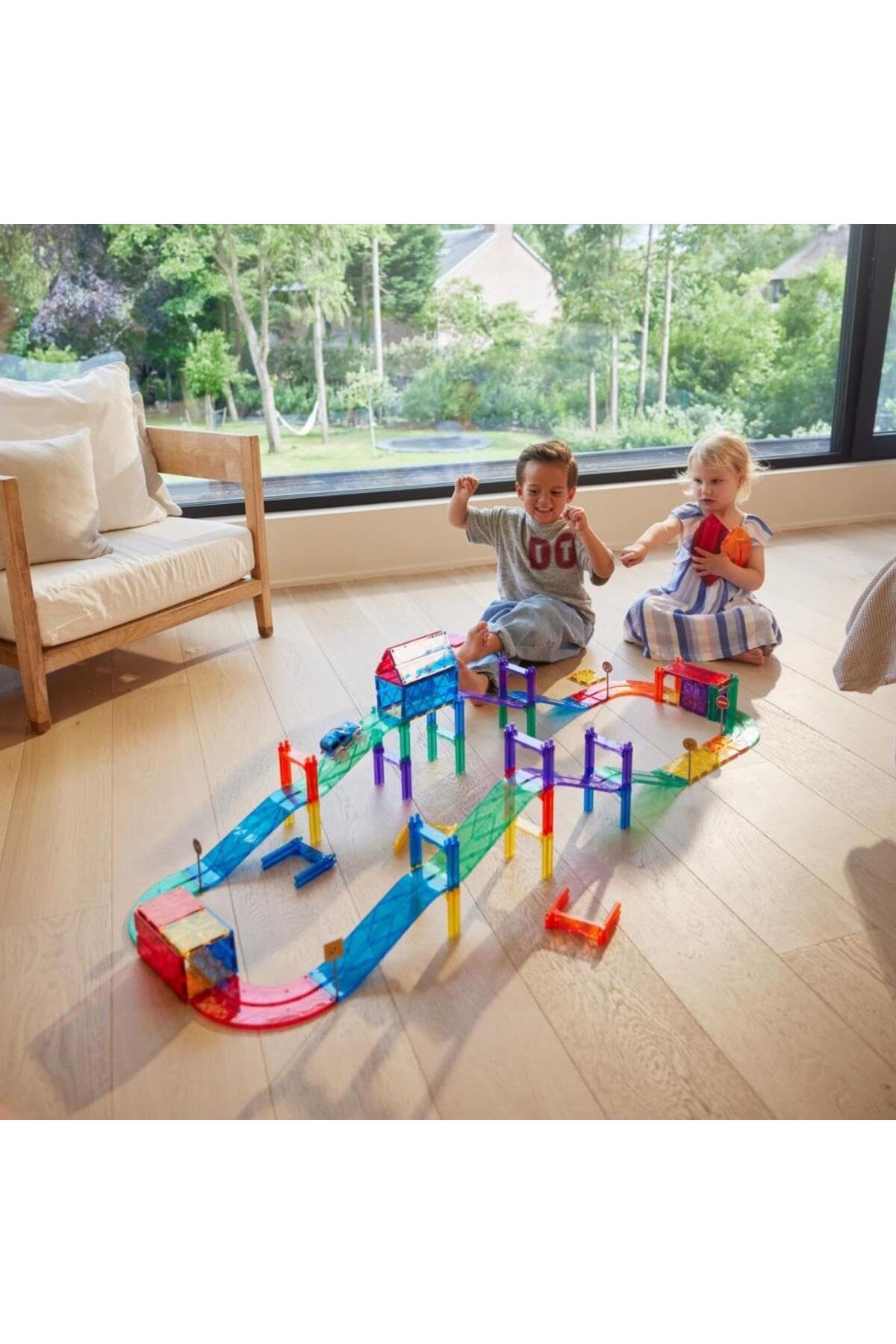 Autobahn-Bausatz in Knallfarben 65 Teile, Magnetspielzeug Rennstrecke mit Auto, Verkehrsschilder, Robustes Lernspielzeug, langlebige Magnetbausteine, für Kinder ab 3 Jahren