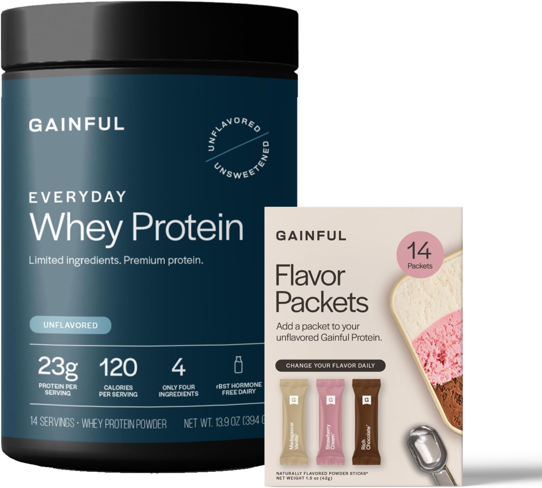 Gainful Everyday Whey Protein Powder & Neapolitan Flavor Bundle, 23g Protein, Supports Muscle Growth, Recovery, & Daily Nutrition, No Artificial Ingredients, 14 Servings + 14 Flavor Sticks