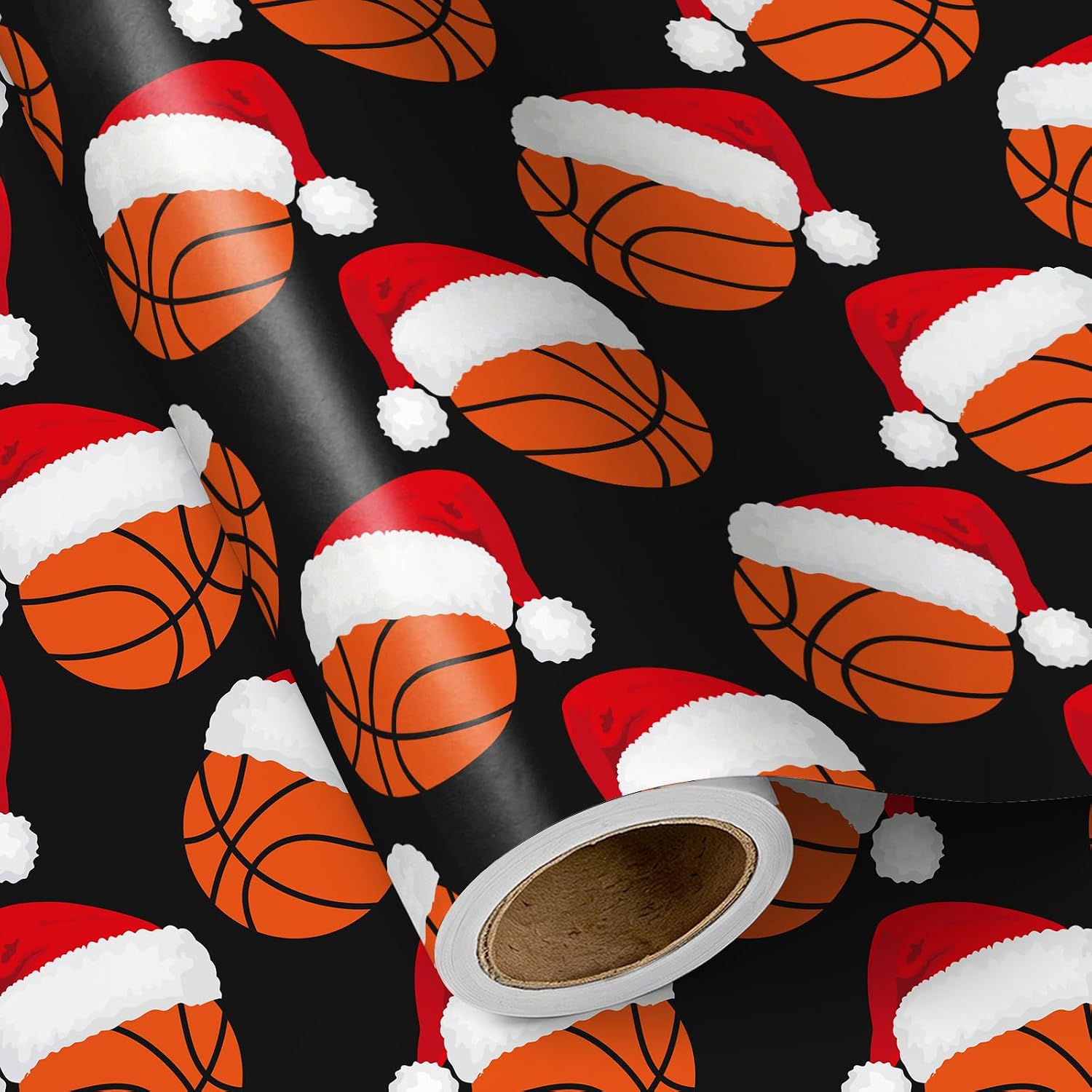 RUSPEPA Christmas Basketball Wrapping Paper Roll, Mini Roll, Black Basketball with Santa Hat Design Gift Wrap Paper for Boys, Teens, Sports Fans, Xmas Holiday, Party, 17 Inch x 16.4 Feet