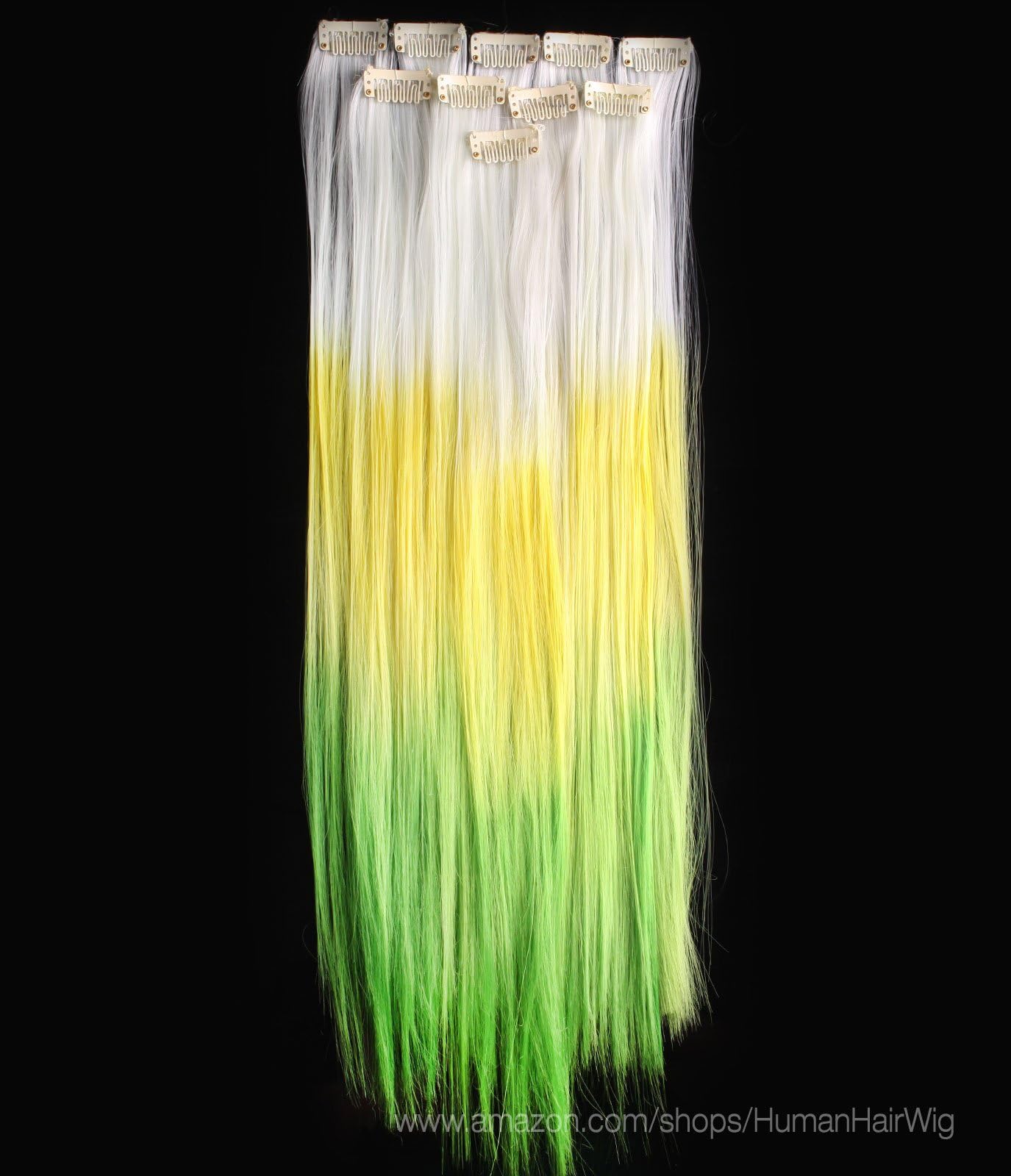 18'' 12pcs Synthetic Ombre Dip Dyed Hippie Hair Human Extension Clip in 27colors WGY55 White/Yellow/Green