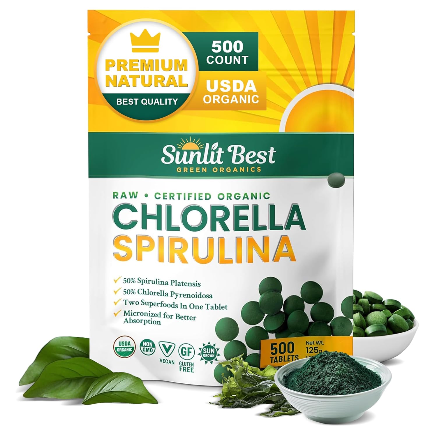  Sunlit Best Tablets de Chlorella e Spirulina - 500 Tabletes Orgânicos que Fortalecem a Imunidade e Aumentam a Energia