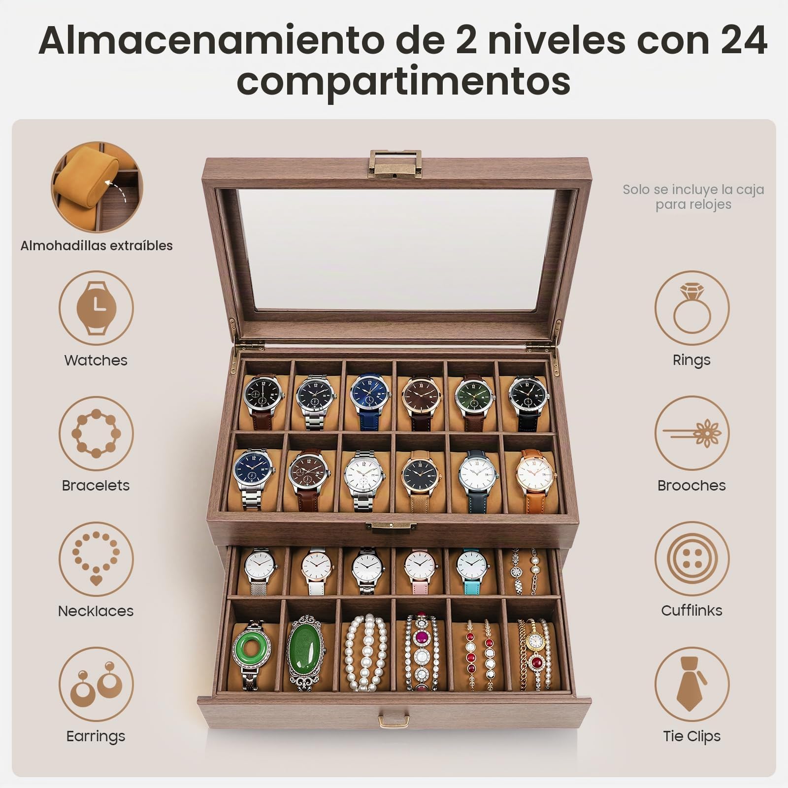 Caja Relojes 24 Rejillas 2 Niveles Watch box con Vidrio Tapa y Snap Estuche Reloje para Personal, Presentación Tienda y Decoración de Interiores, para Guardar Relojes, Joyas