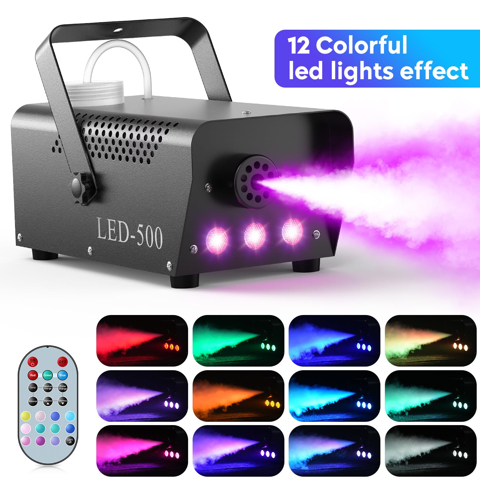 Machine a Fumee 500W, Machine à Brouillard Portable 3 RGB LED, Machines à fumée avec Télécommande pour Halloween, Noël, Fête, Mariage