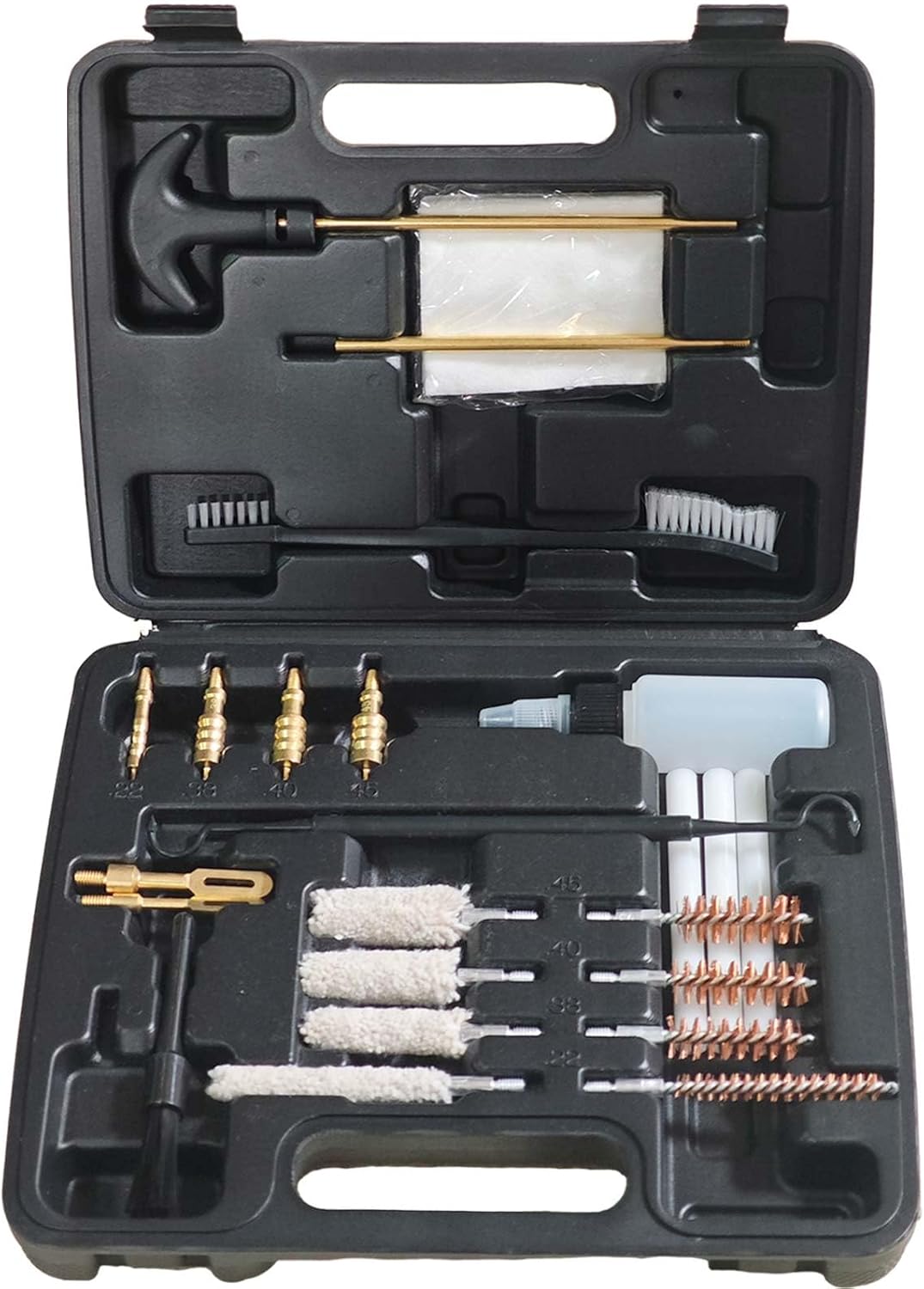 Universal Handgun Cleaning Kit for .22 .357 9mm .38 .40 .45, Gun Cleaning Kit for Handgun Revolver Pistol - Bronze Bore Brush, Cotton Mop, Punch Tool, Jags and Sottled Tips in Portable Case Brass Jags and Sottled Tips - Image 1 of 6