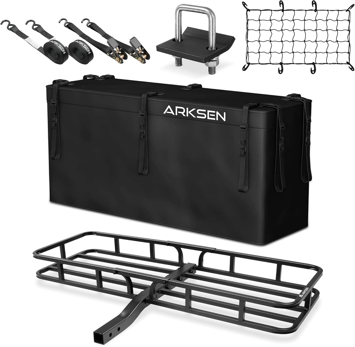 ARKSEN 500 lbs Heavy Duty Hitch Cargo Carrier, 53" x 19" x 5" Steel Cargo Rack with 500D PVC Waterproof Bag, Net, Straps & Stabilizer, 2" Receiver Luggage Basket for SUV, Truck & Camping Gear