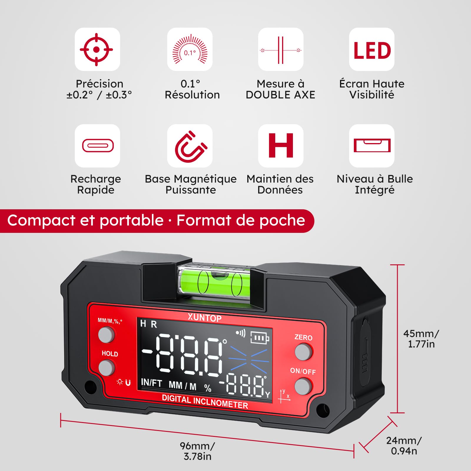 XUNTOP Inclinomètre Numérique Double Axe LED Rechargeable - Niveau Électronique Professionnel à Haute Précision avec Base Magnétique et Niveau à Bulle Intégré pour Chantier, Menuiserie, Bricolage