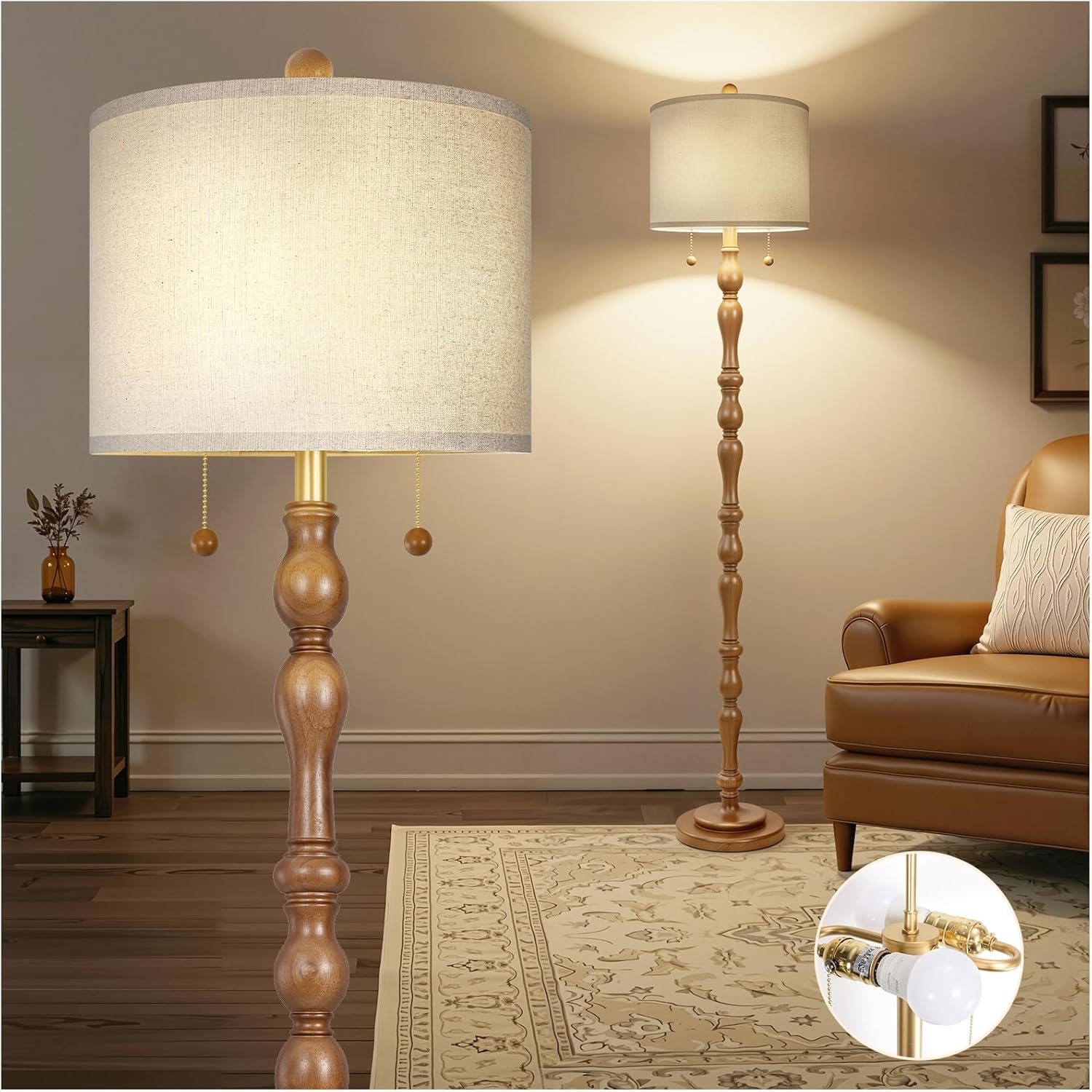 Scenekoy 65.5 Natural Real Wood Floor Lamp for Living Room Bedroom, Dual Pull Chains Switch, Wooden Base, Rustic Farmhouse Standing Floor Lamp with Linen Shade for Living Room Bedroom Office