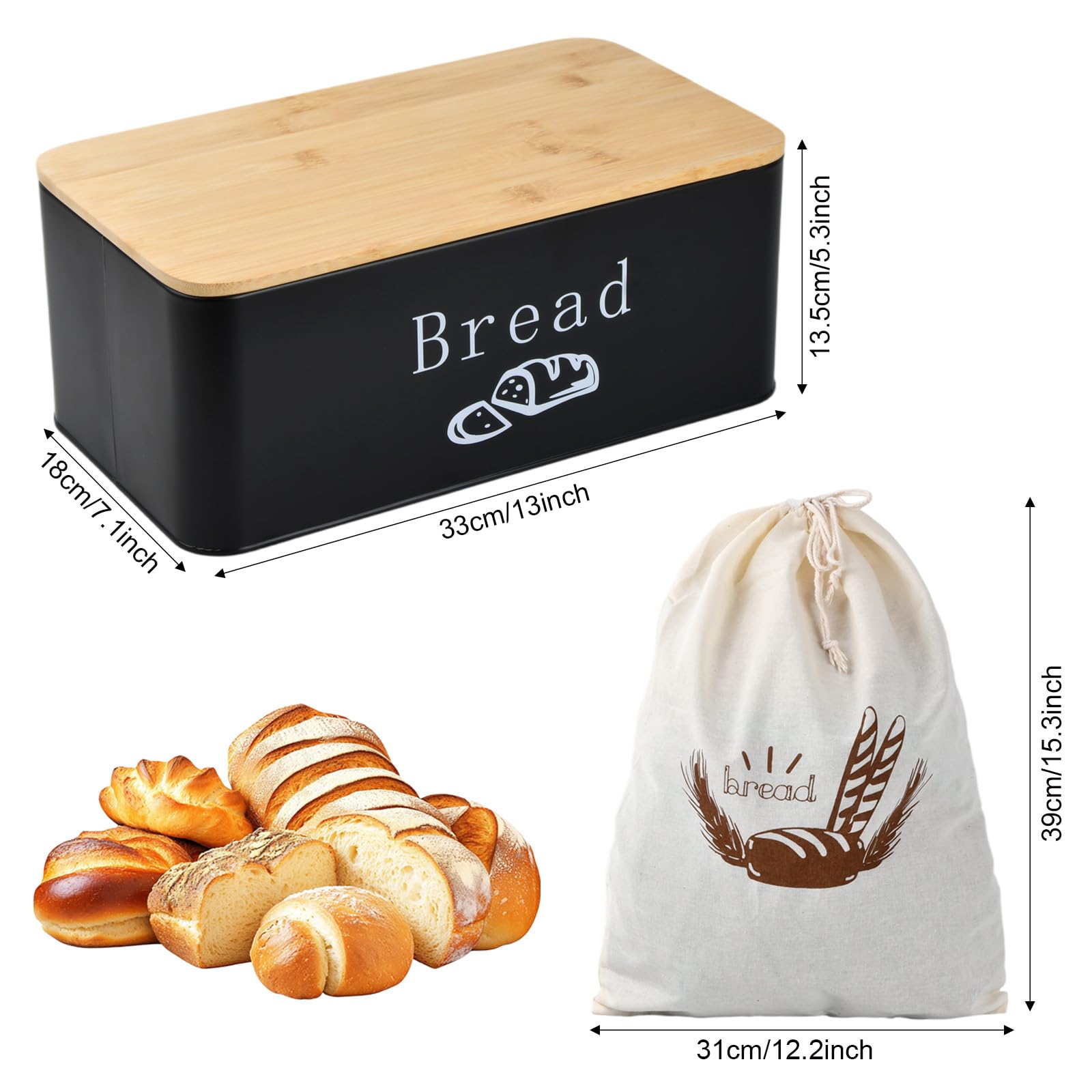 Joyan Panera Metálica con Tapa de Bambú y Bolsa de Algodón - Caja de Pan de Diseño Moderno con Ventilación para Mayor Frescura - Paneras para Guardar el Pan y Bollería en la Cocina