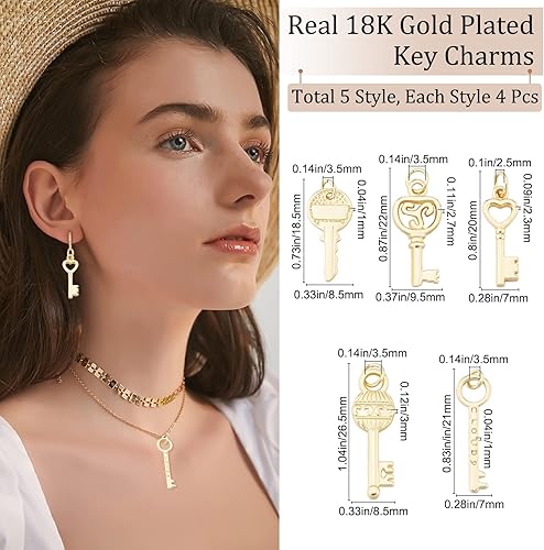 Miniatura 2 de Beebeecraft Juego de 20 dijes para llaves de 5 estilos, chapados en oro de 18 quilates, dijes de llaves de esqueleto, suministros de manualidades