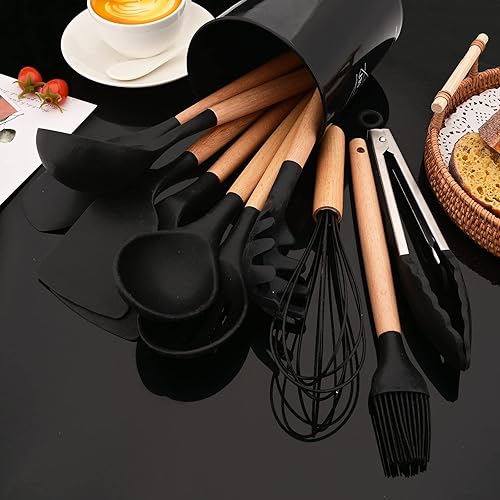 Miniatura 3 de JASHII Juego de utensilios de cocina de silicona negra juego de utensilios de cocina de 12 piezas antiadherentes resistentes al calor con mango de