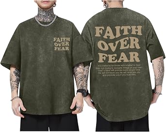 Christian Shirts for Men Faith Over Fear Oversized Tees | Jesus Shirt Acid Wash Tshirt Vintage Washed Style Graphic Tee Streetwear Outfit Casual Wear