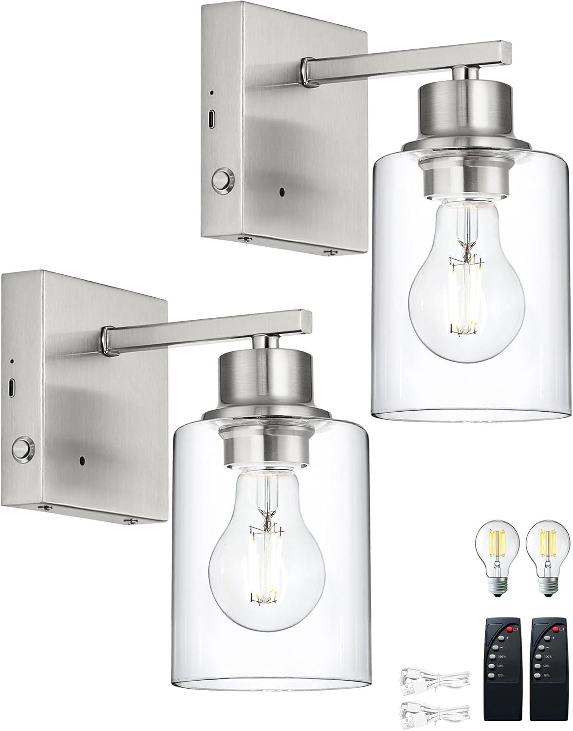 Rechargeable Battery Wall Sconce Set of Two, Wireless, Dimmable, Timer, Remote, Touch Control, 3000K, USB-C Charging for Living Room, Bedroom Nickel (Include 2 Special Bulbs)