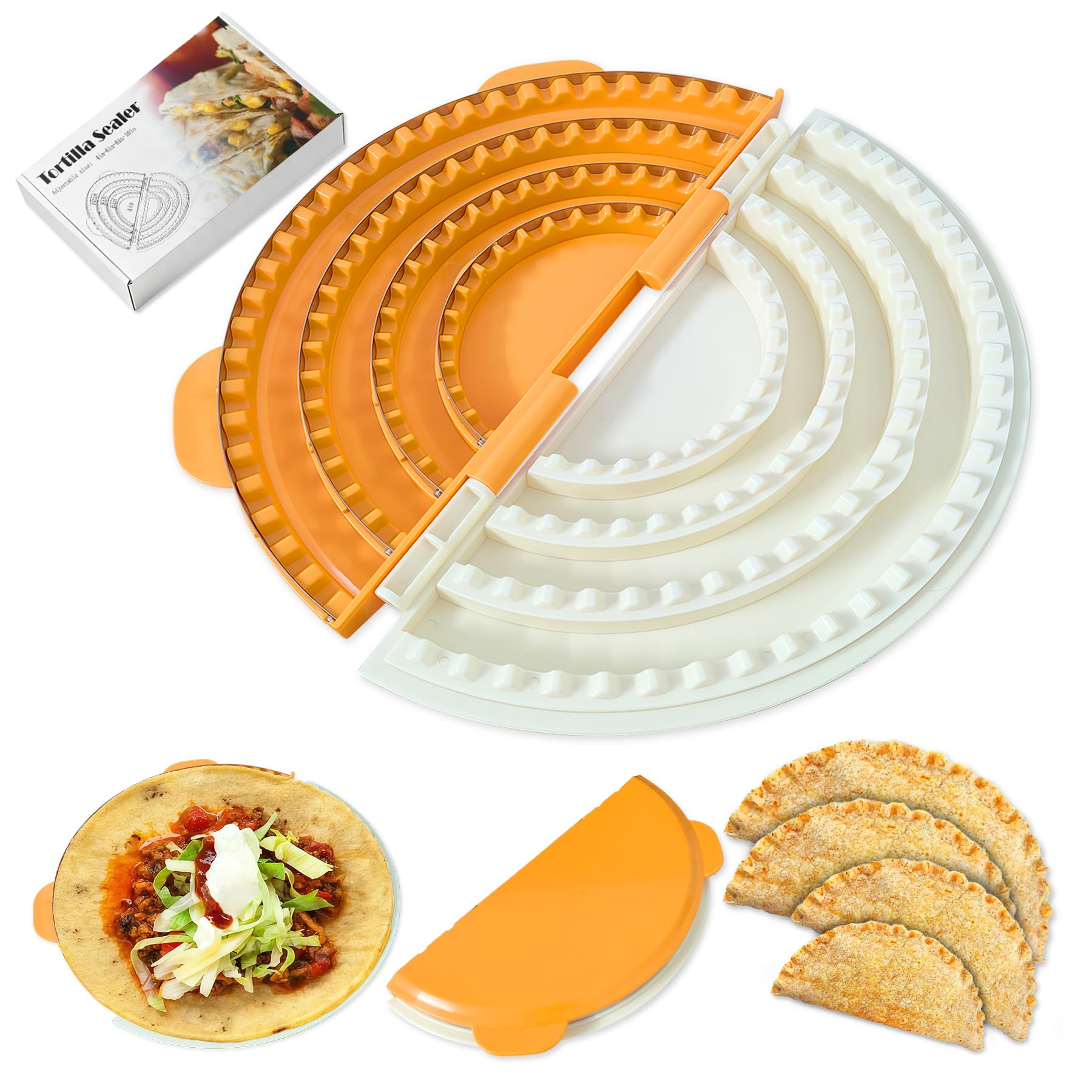 4-in-1 Tortilla Sealer Crimper Press – Adjustable 4"-6"-8"-10" Tortilla &amp; Taco/Burrito Maker Tool with Metal Edge | Easy to Clean, BPA-Free, Durable &amp; Fun for Family Cooking (Orange &amp; Cream)