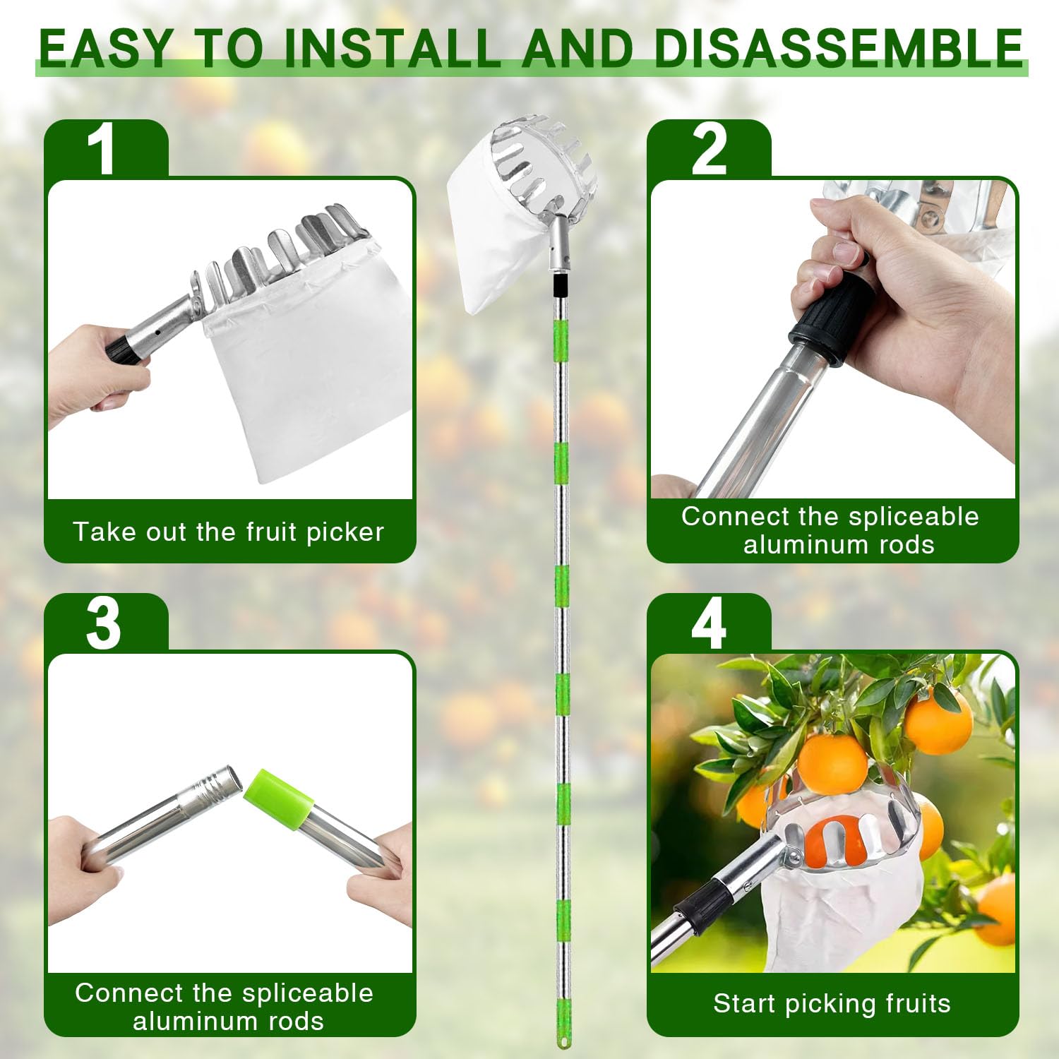 Cueille-pommes, Cueille-fruits De 2,4 M, Avec Manche Télescopique, Cueille-cerises Avec Piquet Télescopique En Acier Inoxydable Et Panier, Aide à La Cueillette Facile à Monter