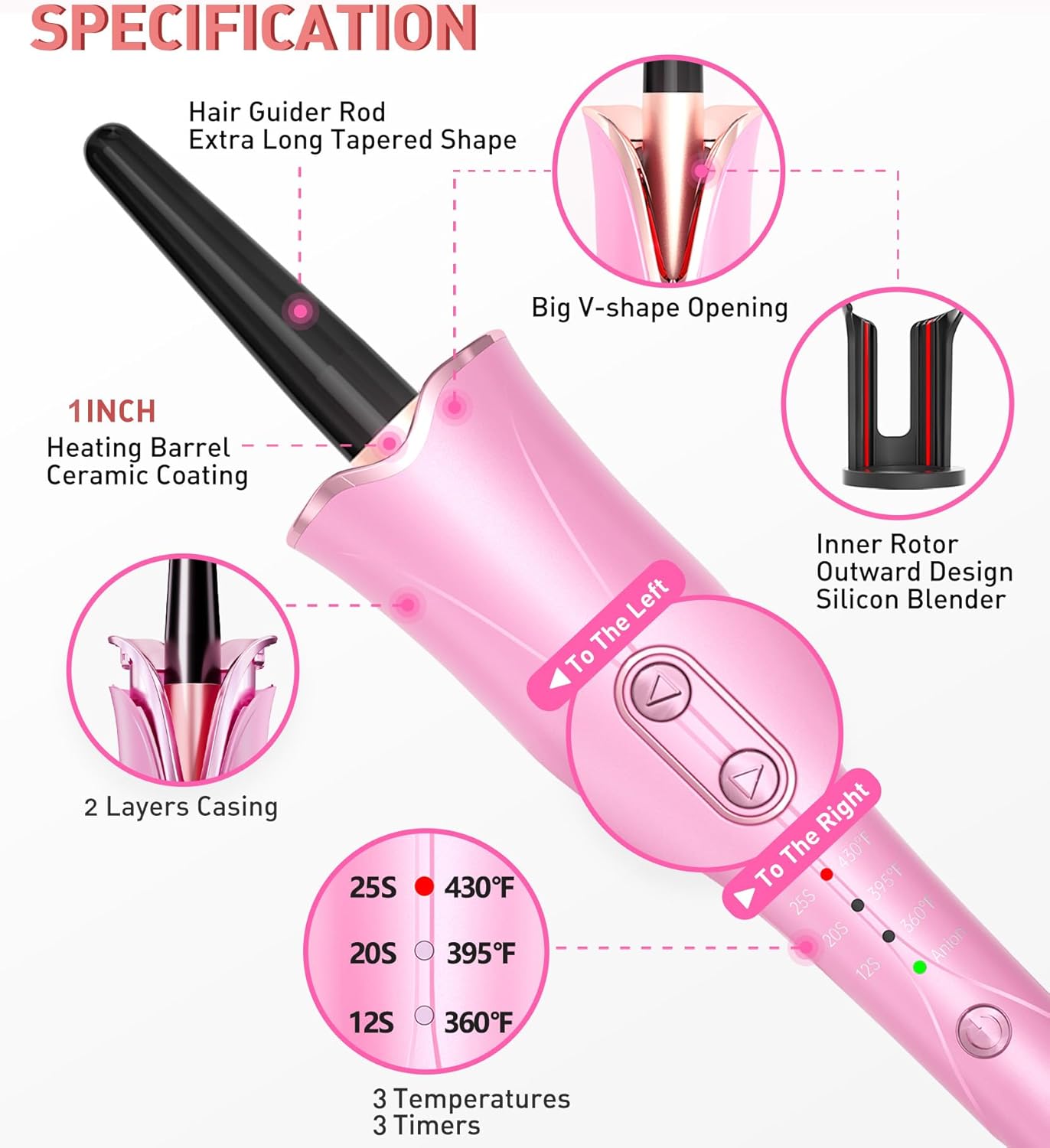 Automatic Curling Iron, Curling Wand Self Rotating for Medium and Long Hair, with Guider Rod - Easy to Use, No Burns, No Tangle, Fast Curl, 1 Inch, Dual Voltage, Automatic Hair Curler for Teen Girls