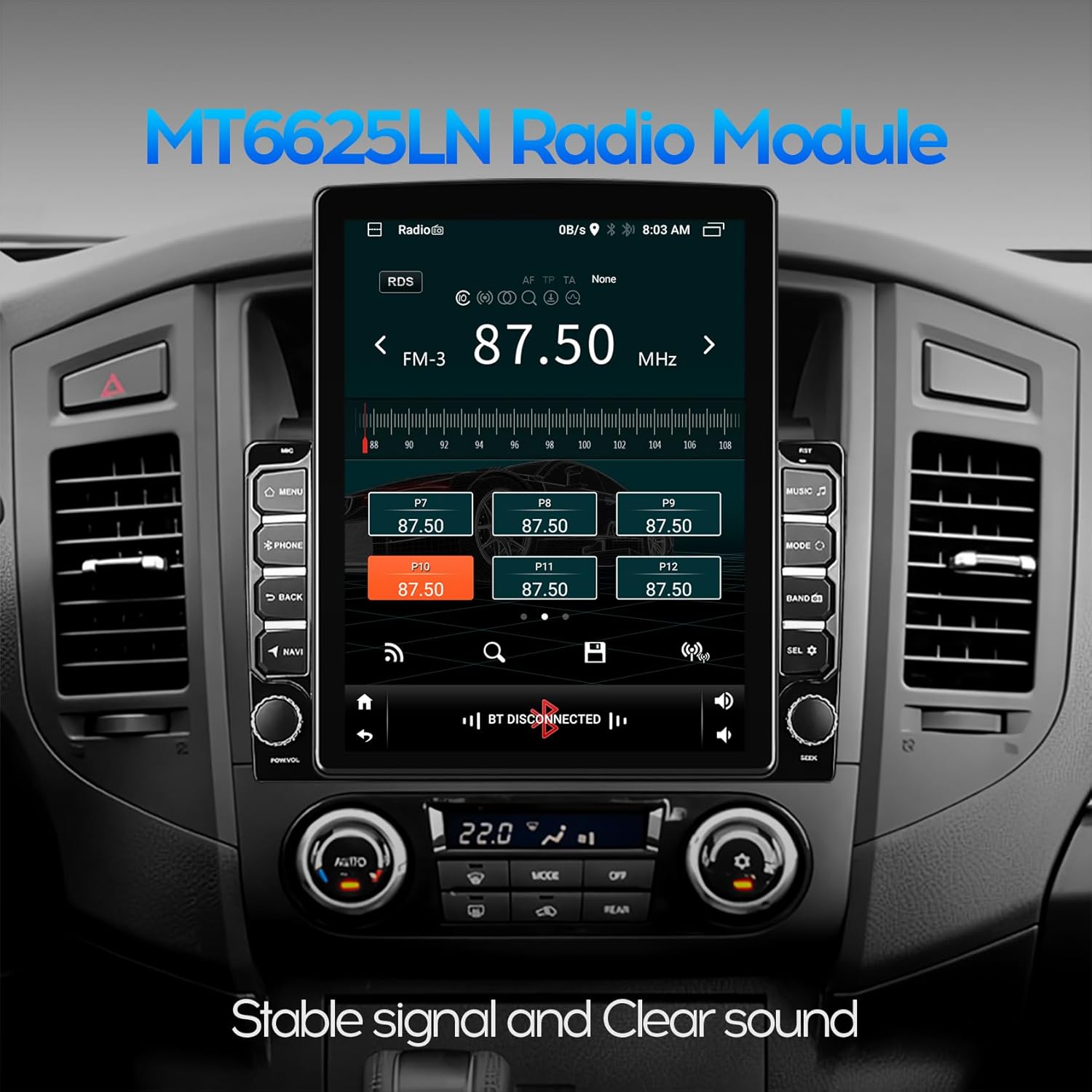 Screenshot of the WENMENGDE car radio display showing the FM radio interface with frequency display and preset buttons.