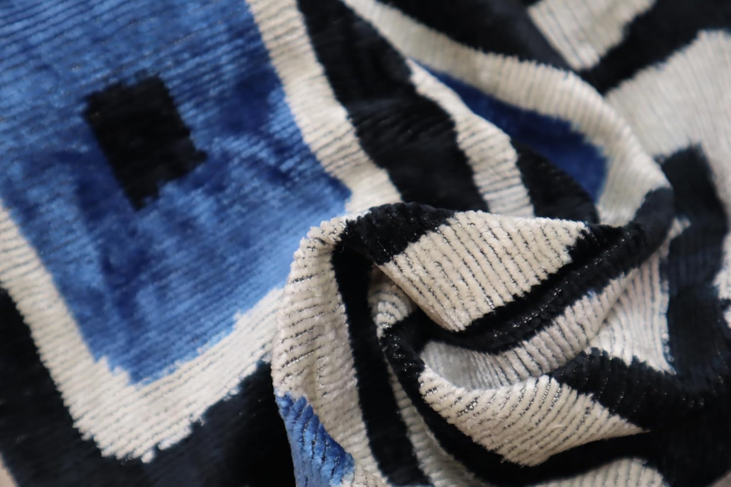 CANVELLO Handmade Velvet Decorative Pillow 16" x 24" | Premium Down Feather Fill, Geometric Blue and Black Pattern, Hidden Zipper Closure