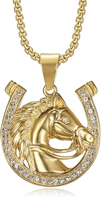 18K Gold Plated Lucky Horse Pendant Punk Rock Stainless Steel Necklace for Men Women, 24 Inch Chain Horseshoe Party Jewelry Gift