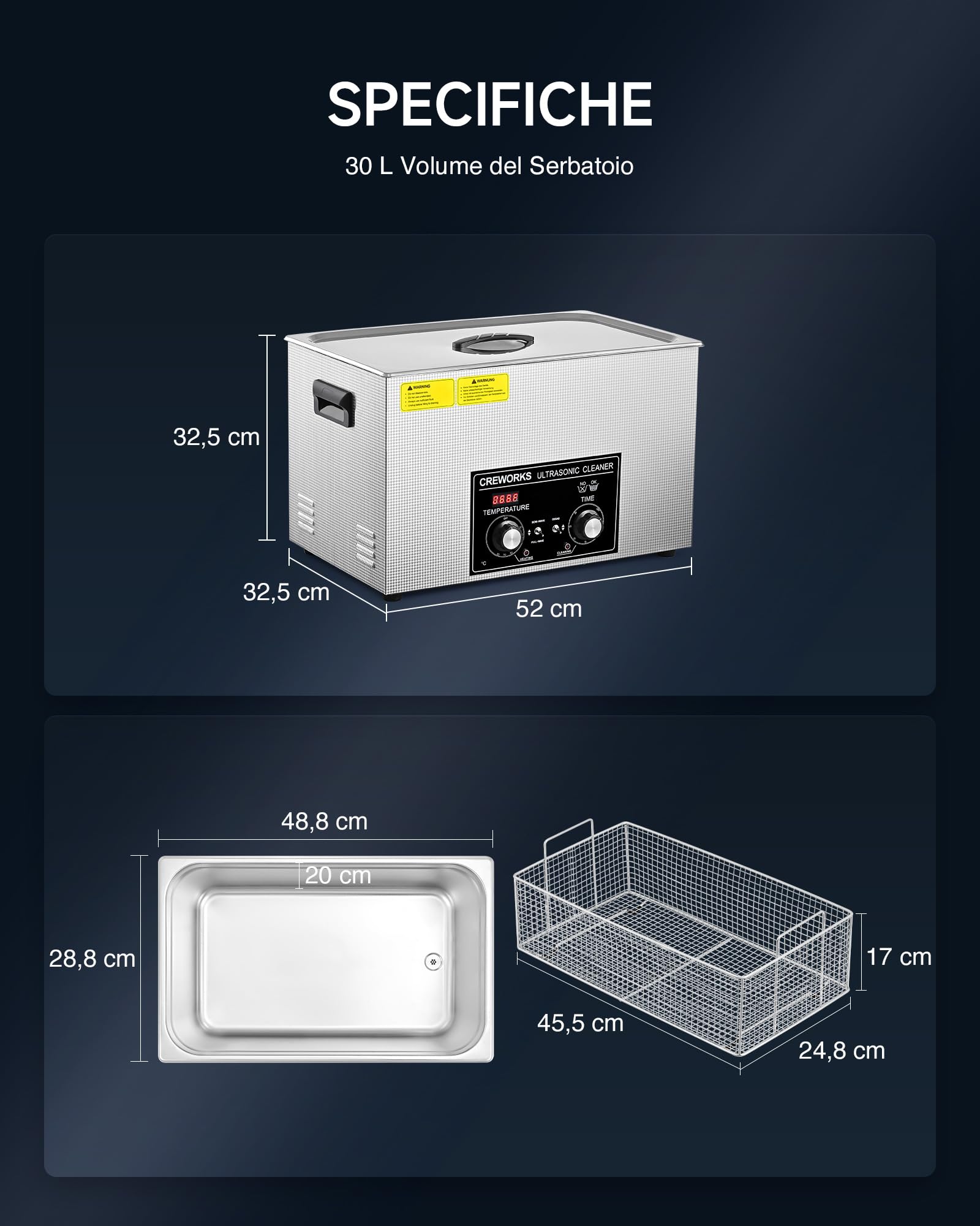 CREWORKS 30L Vasca Ultrasuoni in Acciaio Inossidabile con Riscaldatore e Timer 600W Pulitore Ultrasuoni Industriale con Modalità Degas e Delicata per Casa Laboratorio Utensili