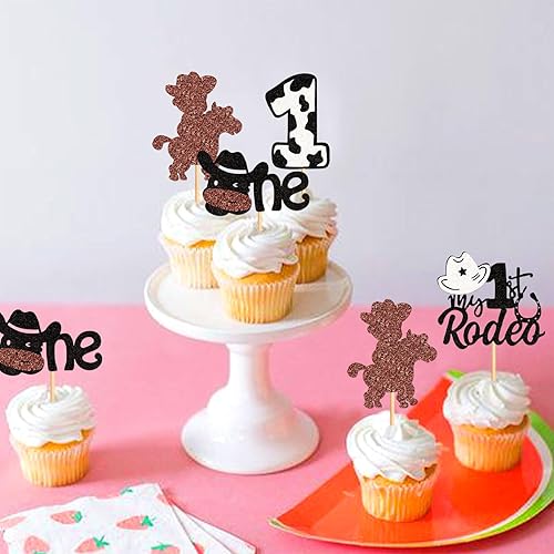 Miniatura 4 de Keaziu 24 piezas Cowboy My 1st Rodeo Cupcake Toppers Riding HorseShoe Sombreros de vaquero tema occidental Feliz Cumpleaños Baby Shower Fiesta