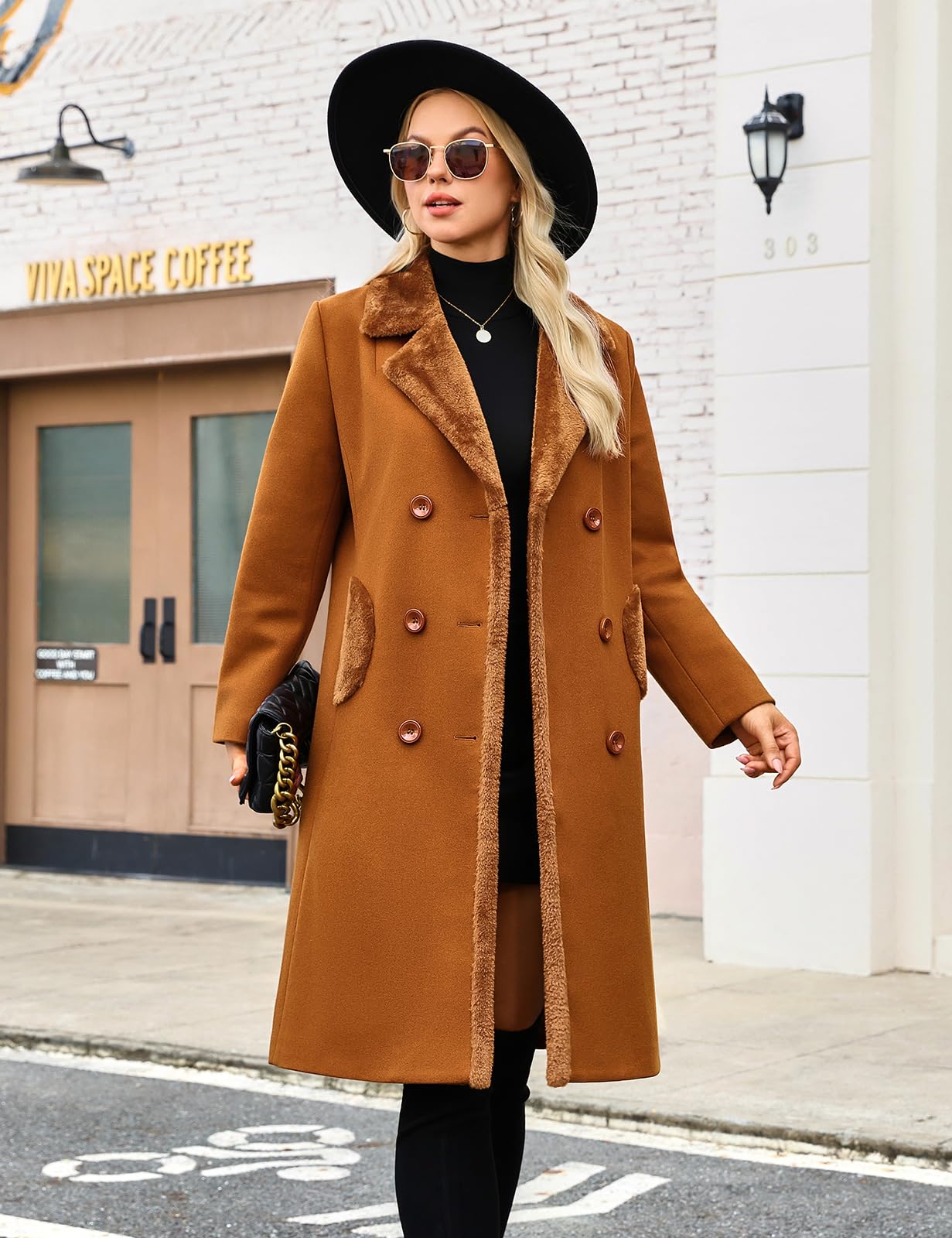 Yuson Girl Cappotto Donna Invernale Lungo Classico Doppiopetto Cappotto con Revers Autunno Invernale Caldo Cappotti Elegante Cappottino Trench Coat di Mezza Stagione con Tasche