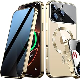 [Full Camera Protection& Mechanical Lock]Magnetic Privacy Case for iPhone 16 Pro Max[Compatible with MagSafe] [CD Metal Ring]Full Body Shockproof Metal Bumper, 9H Anti Peeping Glass Cover-Gold