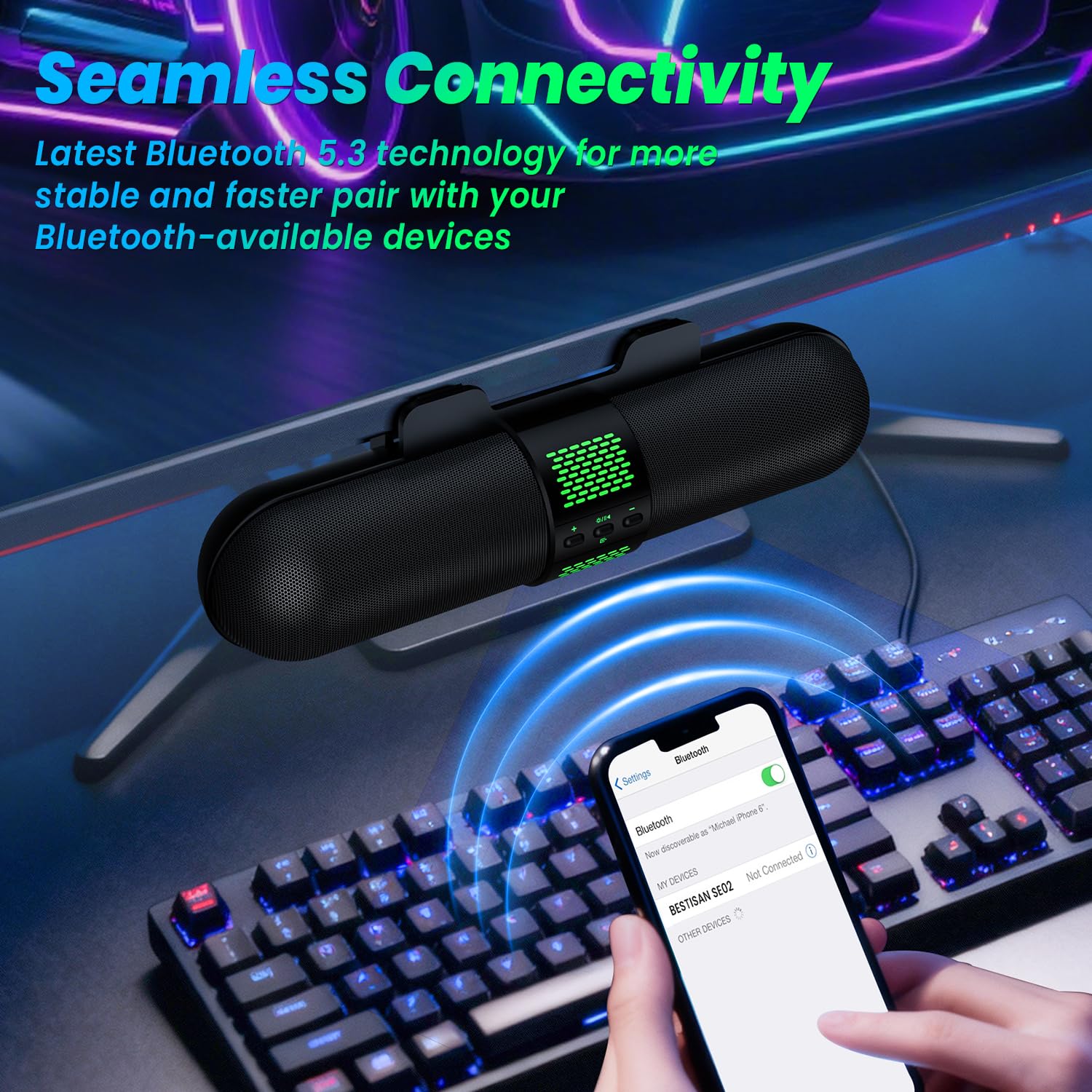 BESTISAN Altoparlante per computer, connessione USB A/C Bluetooth 5.3/cablata, 6 modalità di luce RGB, soundbar da gioco per PC/laptop/desktop, adattatore USB A/C, suono forte, si attacca facilmente