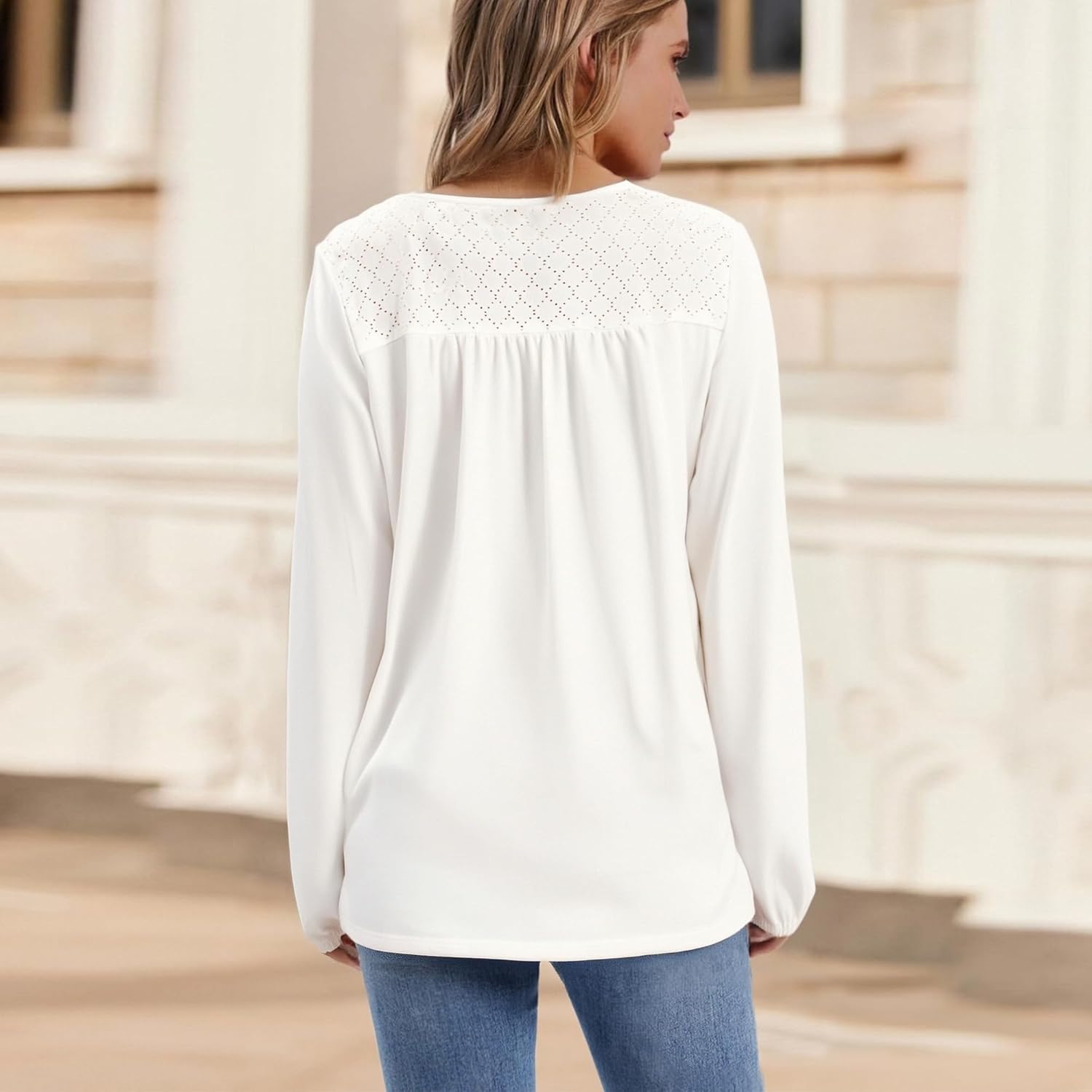 Womens Eyelet Blouses Long Sleeve Lace V Neck Hollow Out Tops Pullover Loose Fit Dreesy Casual Fall Warm Shirt - Image 4