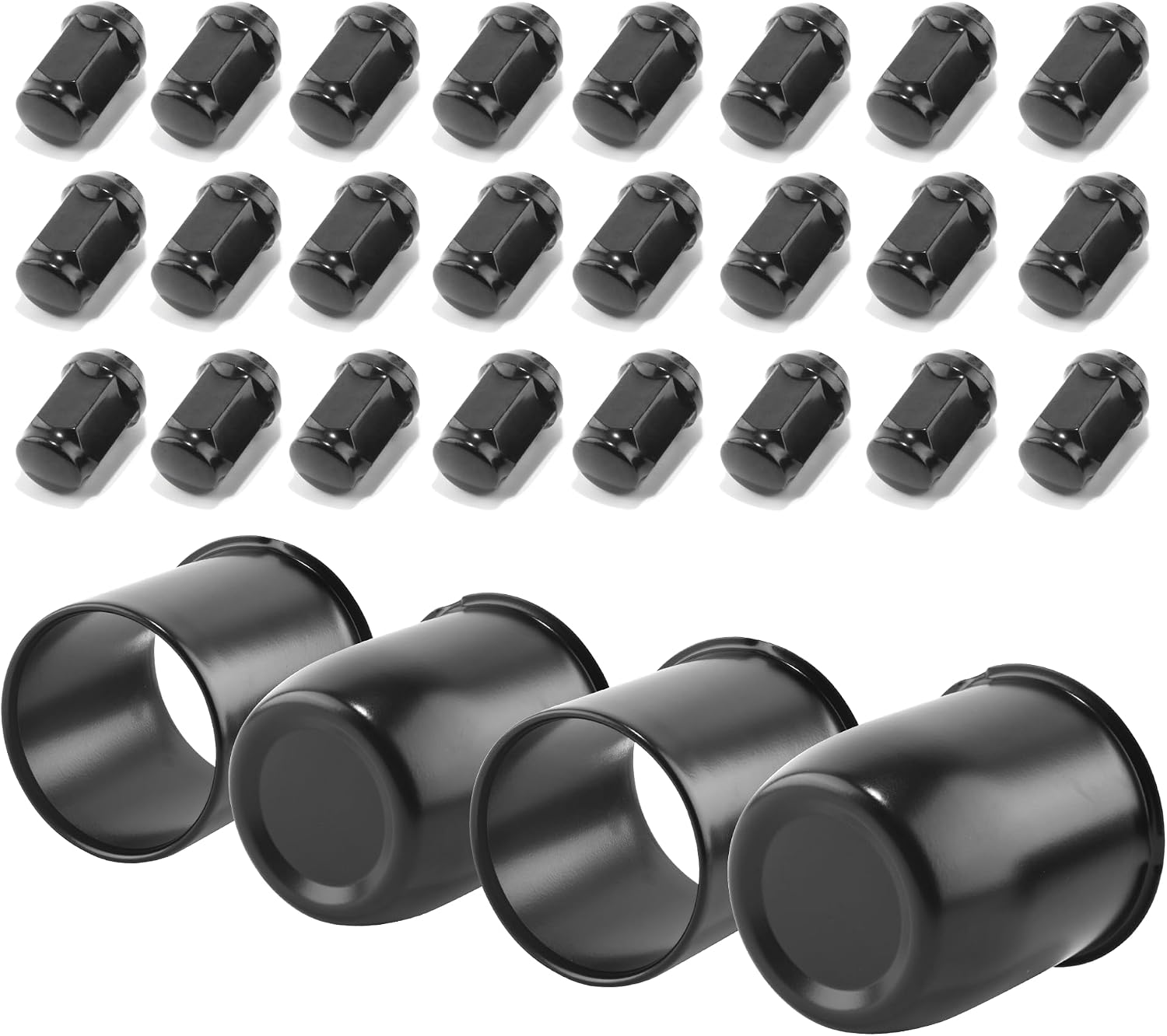 4Pcs 3.19in Wheel Center Caps Push Through with 24 Lug Nuts Sets - Stainless Steel Trailer Open/Closed Hub Cap and 1/2''-20 Lug Nuts for Truck SUV RV Wheel Rim, Black(3.46’’ H&3.52’’H)