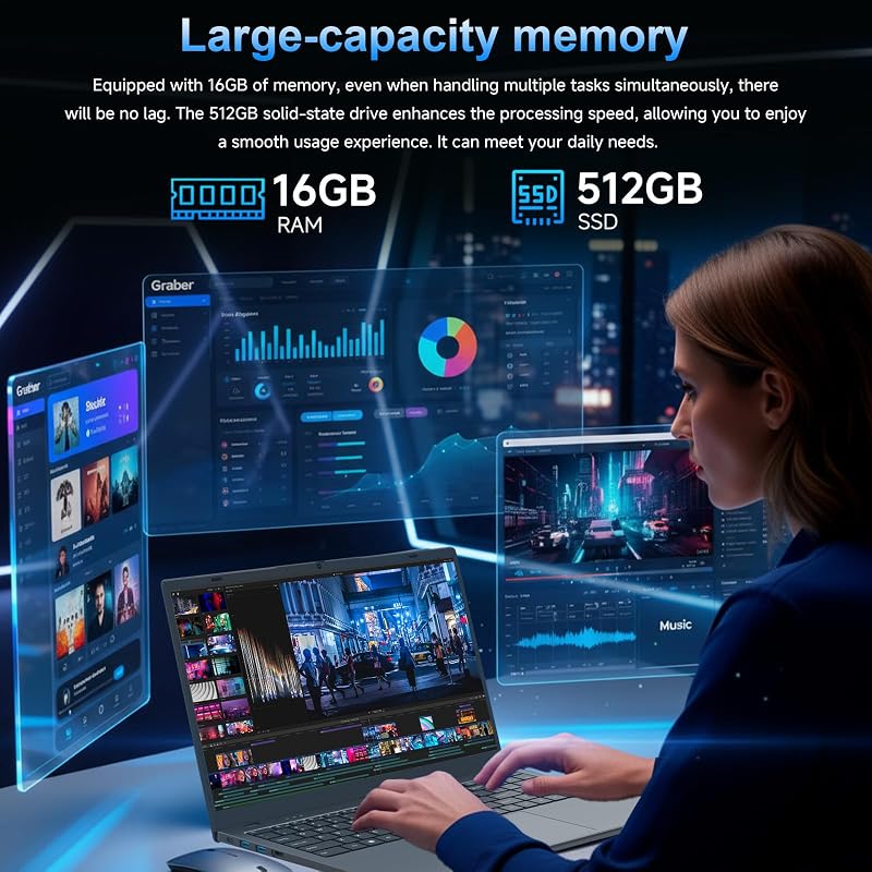 CUBIBUC 15.6 Inch Laptop Computer, 16GB RAM 512GB SSD, Up to 3.4GHz Processor, FHD IPS Display, WiFi 5, Type-C, Slim Portable Laptop for Students, Work & Home Office image 3