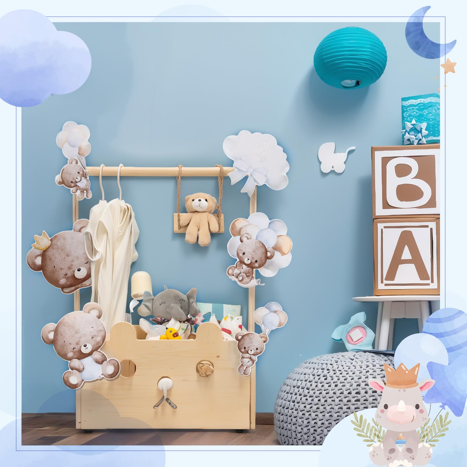 Cinnvoice Geschenkkörbe für Babypartys, mit Aufhänger, Holzkiste, Schrank, Bärenkarten, Dekoration, Kiste für Babys, Jungen, Mädchen, Schwangerschaft, neue Eltern, Geschenke (Blau, It's a Boy)