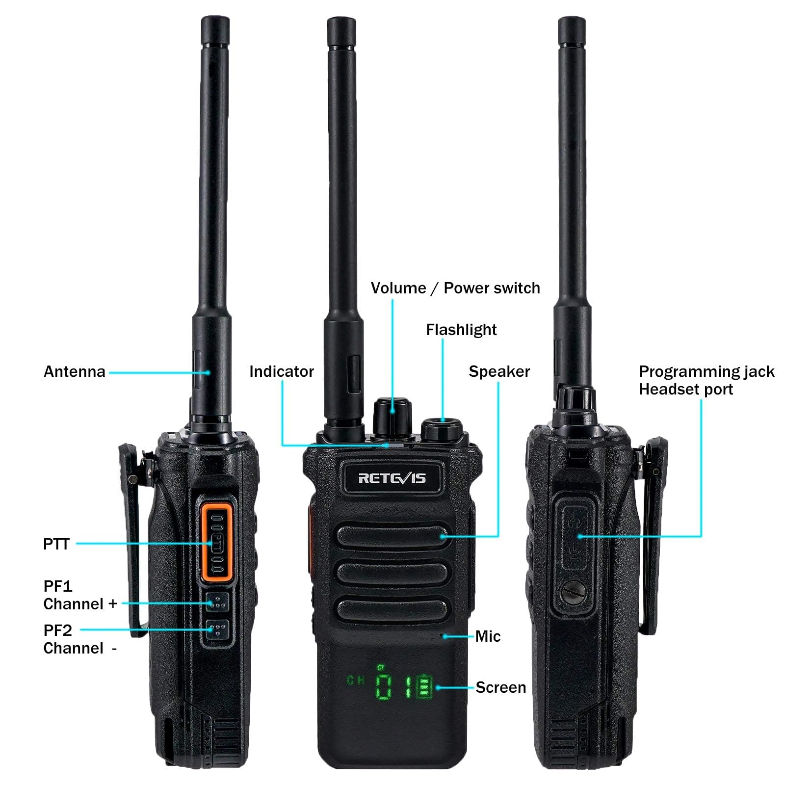 Retevis RT86 Walkie Talkie Lunga Distanza con Auricolare, 2600mAh 16 Canali Ricetrasmettitore Portatile Robusto, VOX Squelch Scan Torcia Allarme Radio 2 Vie per Sicurezza, Cantiere (Nero, 3 Pz) | 2600mAh 16 Canali Ricetrasmettitore, VOX Squelch Scan Torci